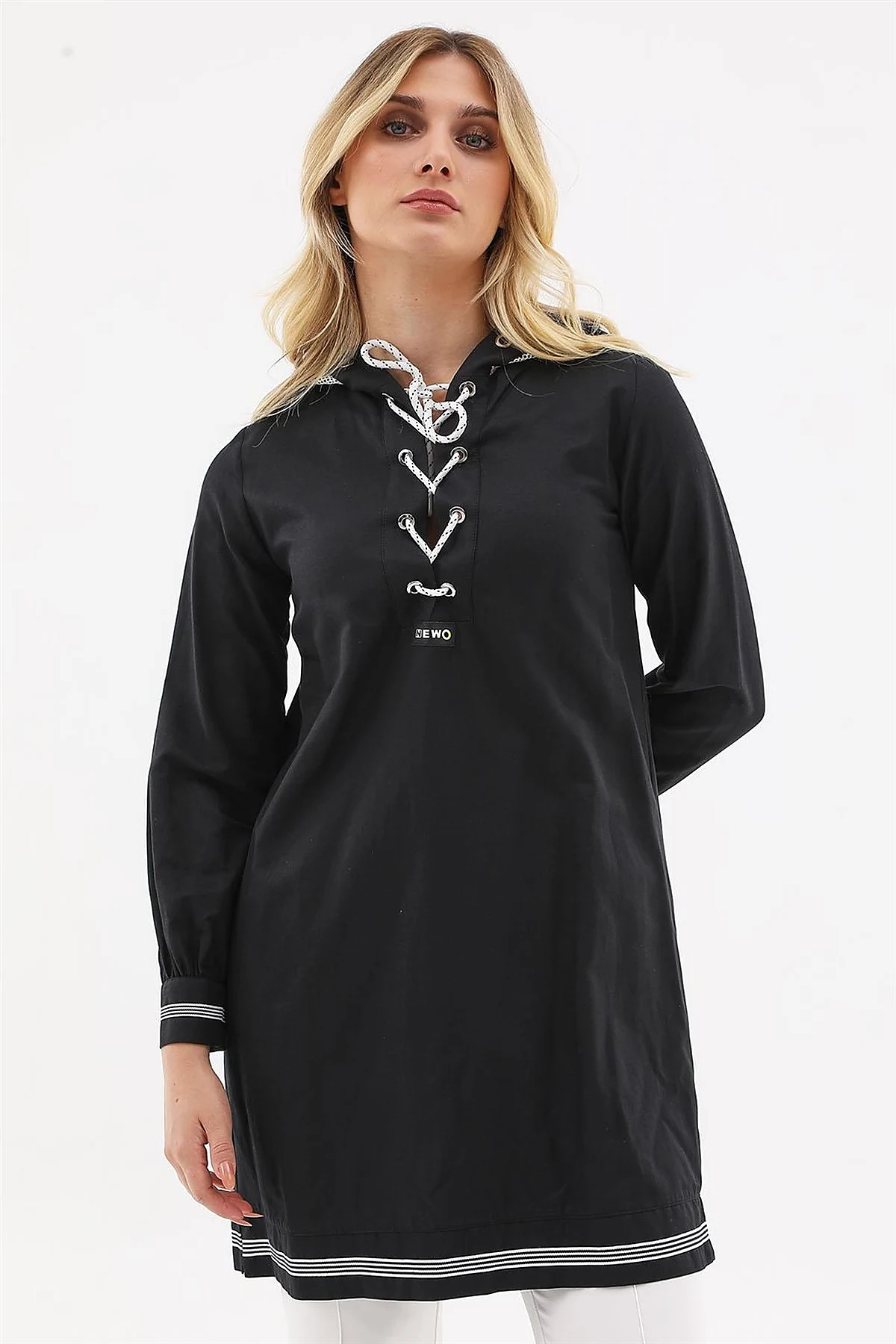 Mesh-Trimmed Hooded Tunic Black