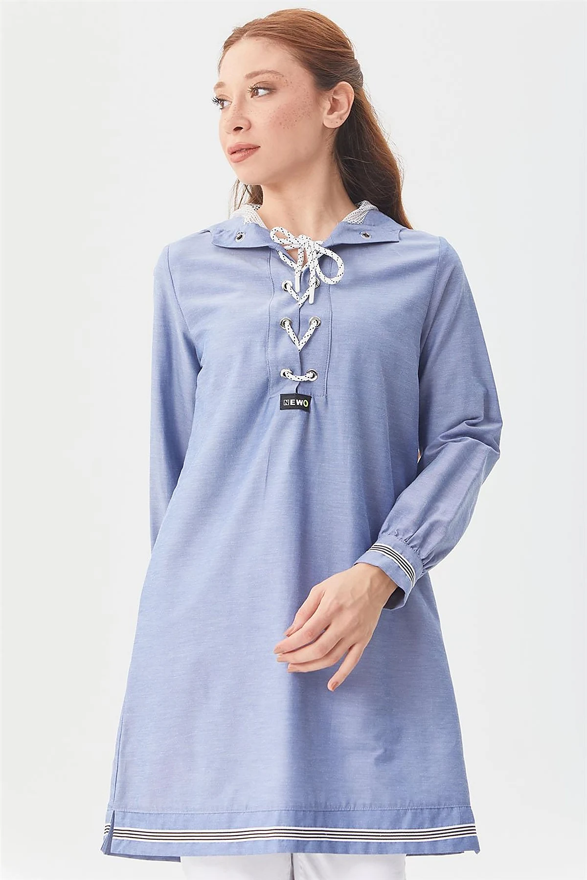 Mesh-Trimmed Hooded Tunic Navy