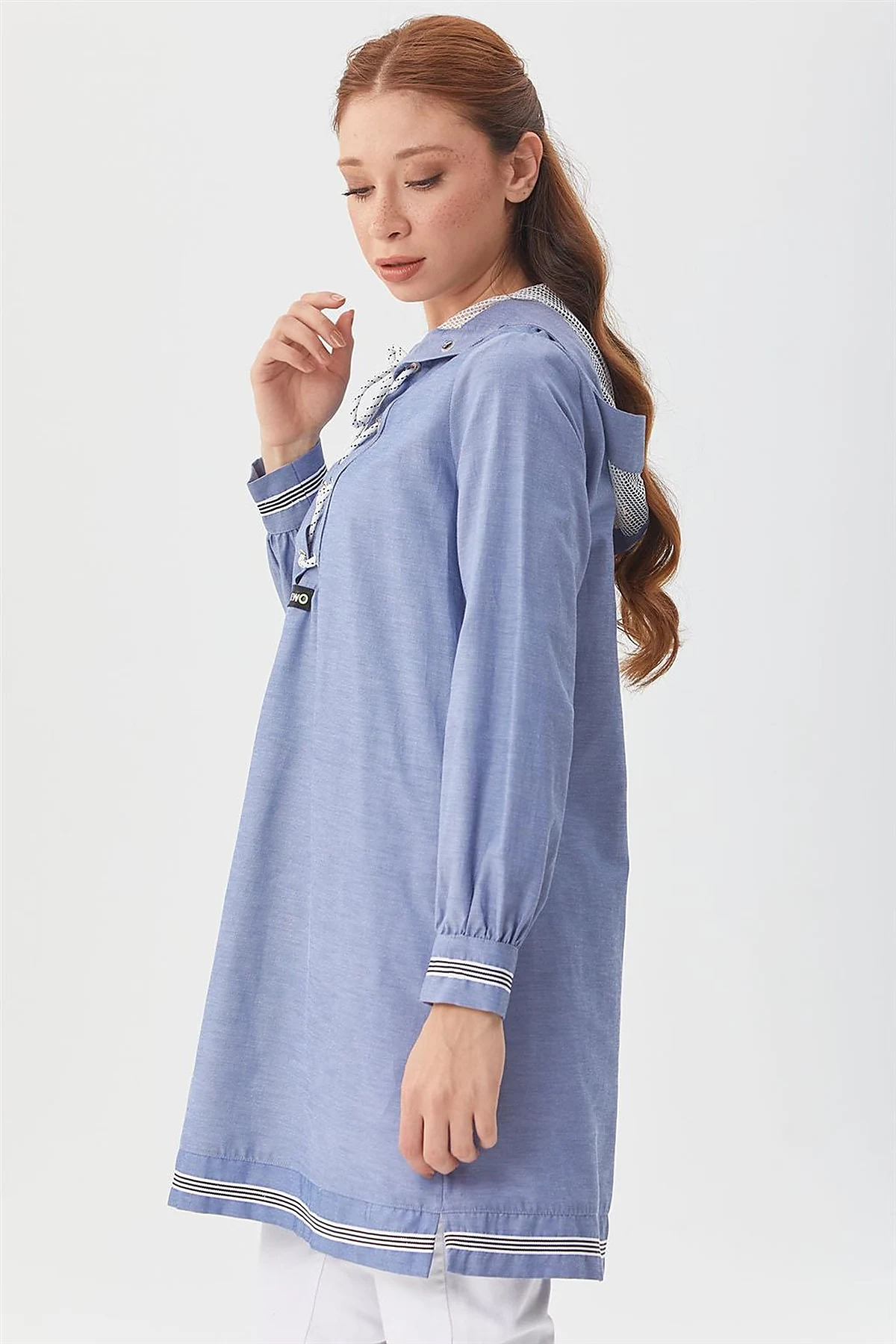 Mesh-Trimmed Hooded Tunic Navy