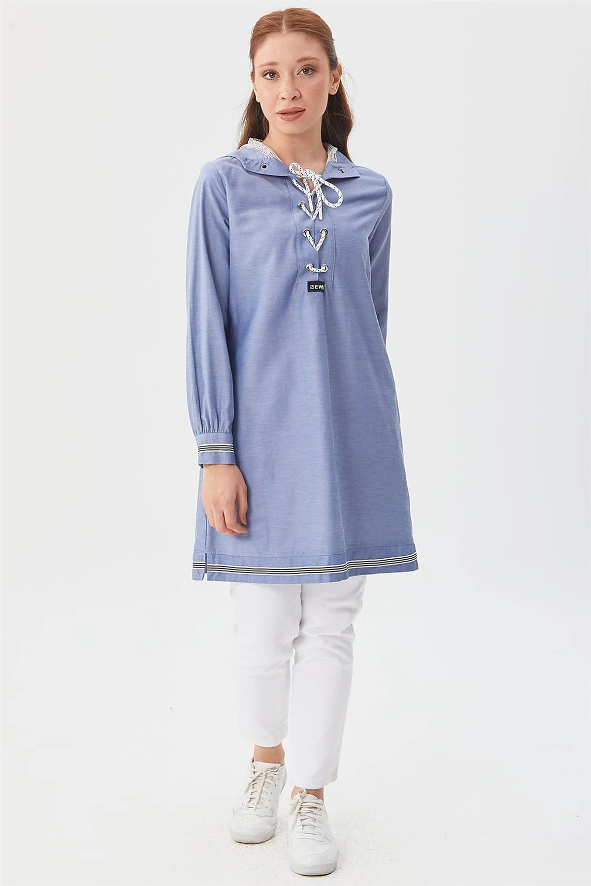 Mesh-Trimmed Hooded Tunic Navy