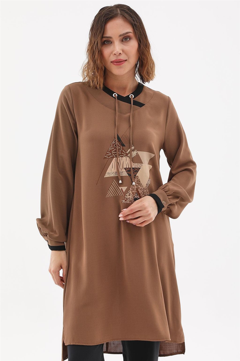 Geometrik Baskılı Tunik Camel
