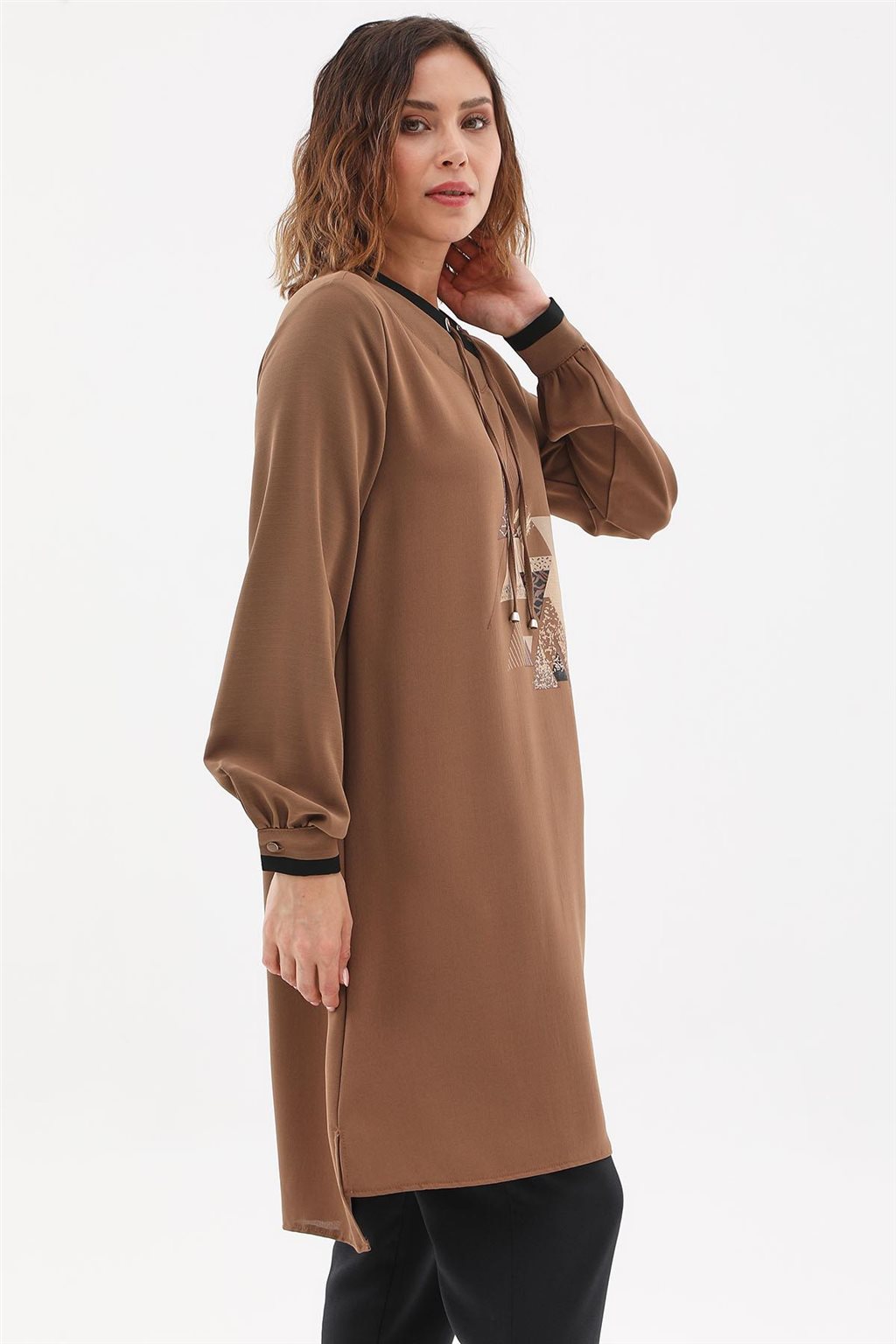 Geometrik Baskılı Tunik Camel