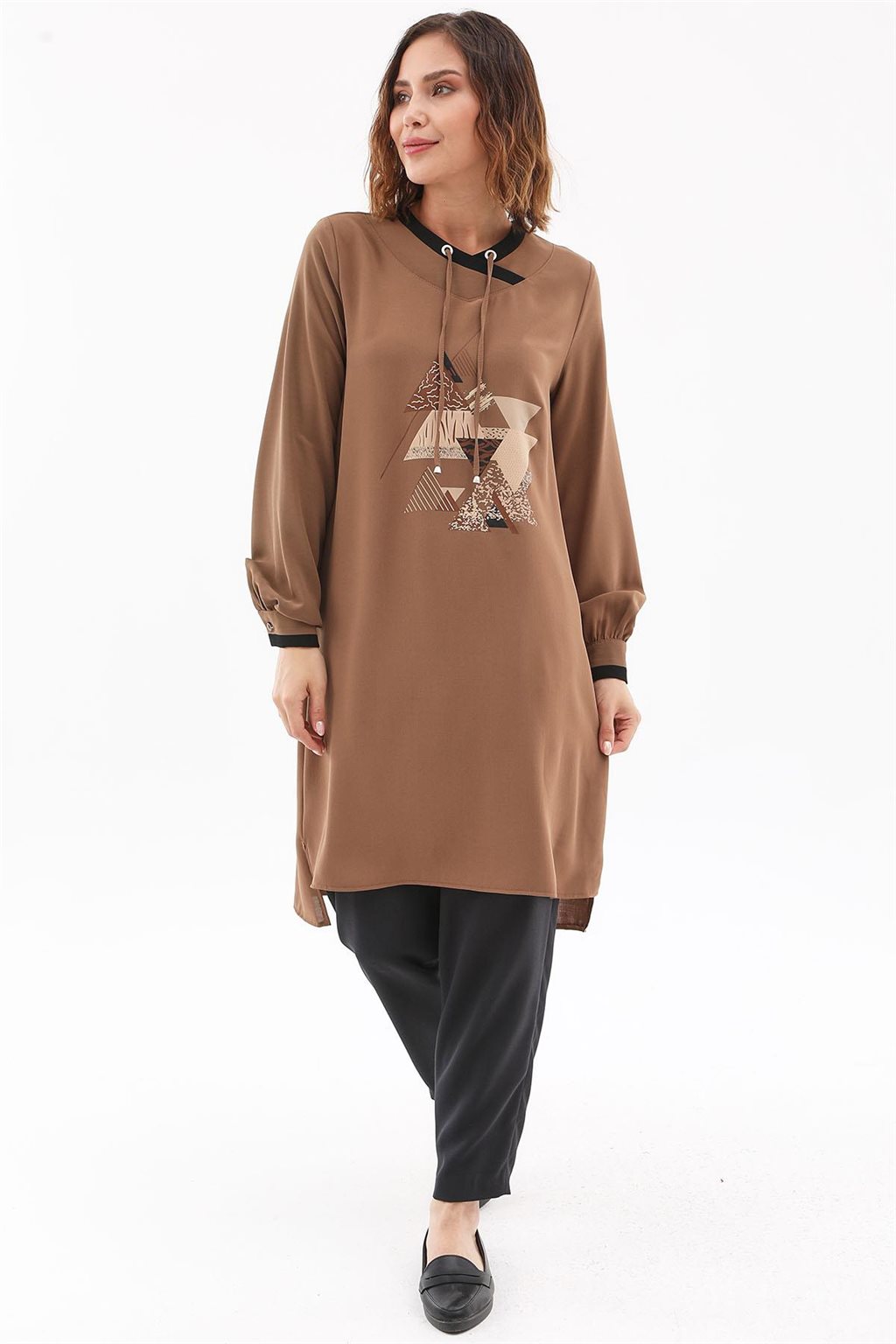 Geometrik Baskılı Tunik Camel