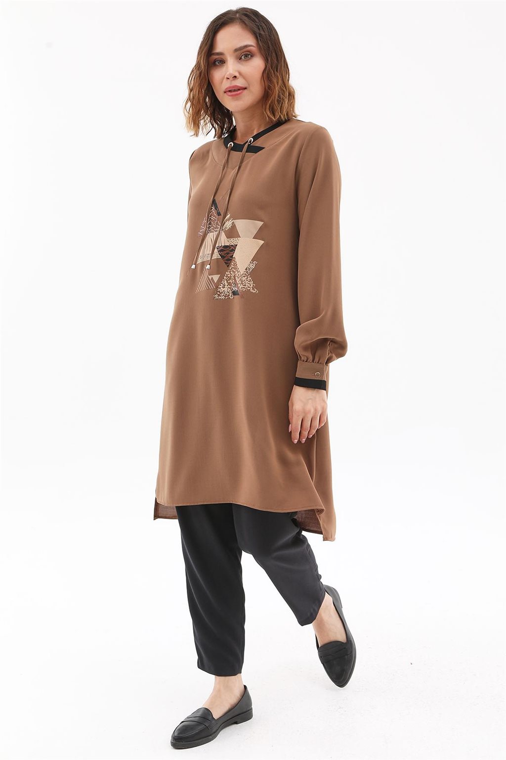 Geometrik Baskılı Tunik Camel