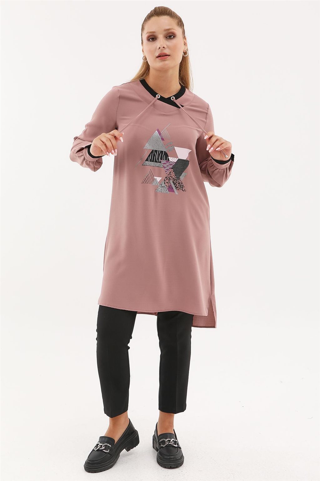 Geometrik Baskılı Tunik Pudra