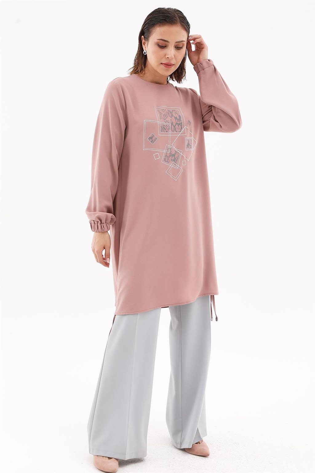 Ruched-Side Printed Tunic Powder Pink