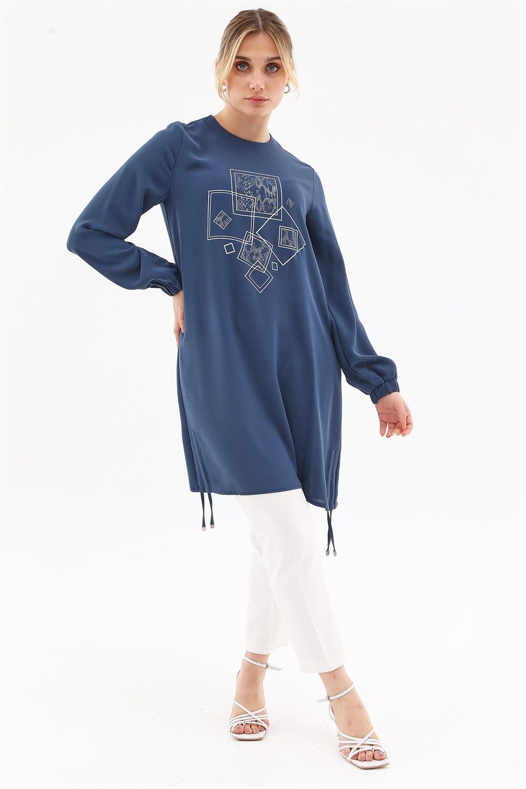 Ruched-Side Printed Tunic Indigo