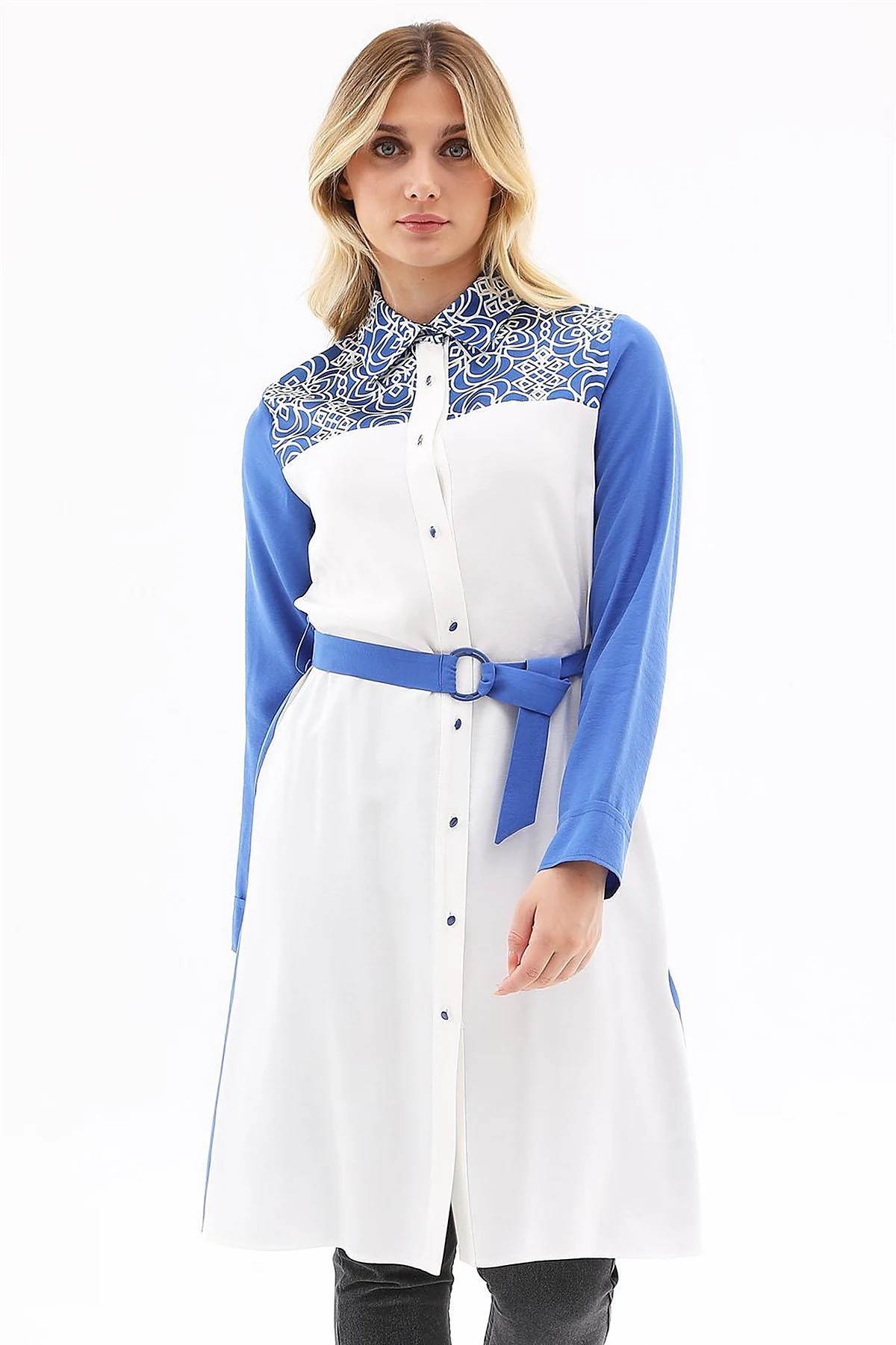 Adjustable Belt Detail Tunic Sax Blue