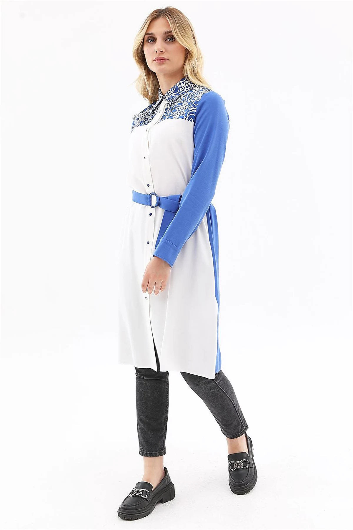 Adjustable Belt Detail Tunic Sax Blue