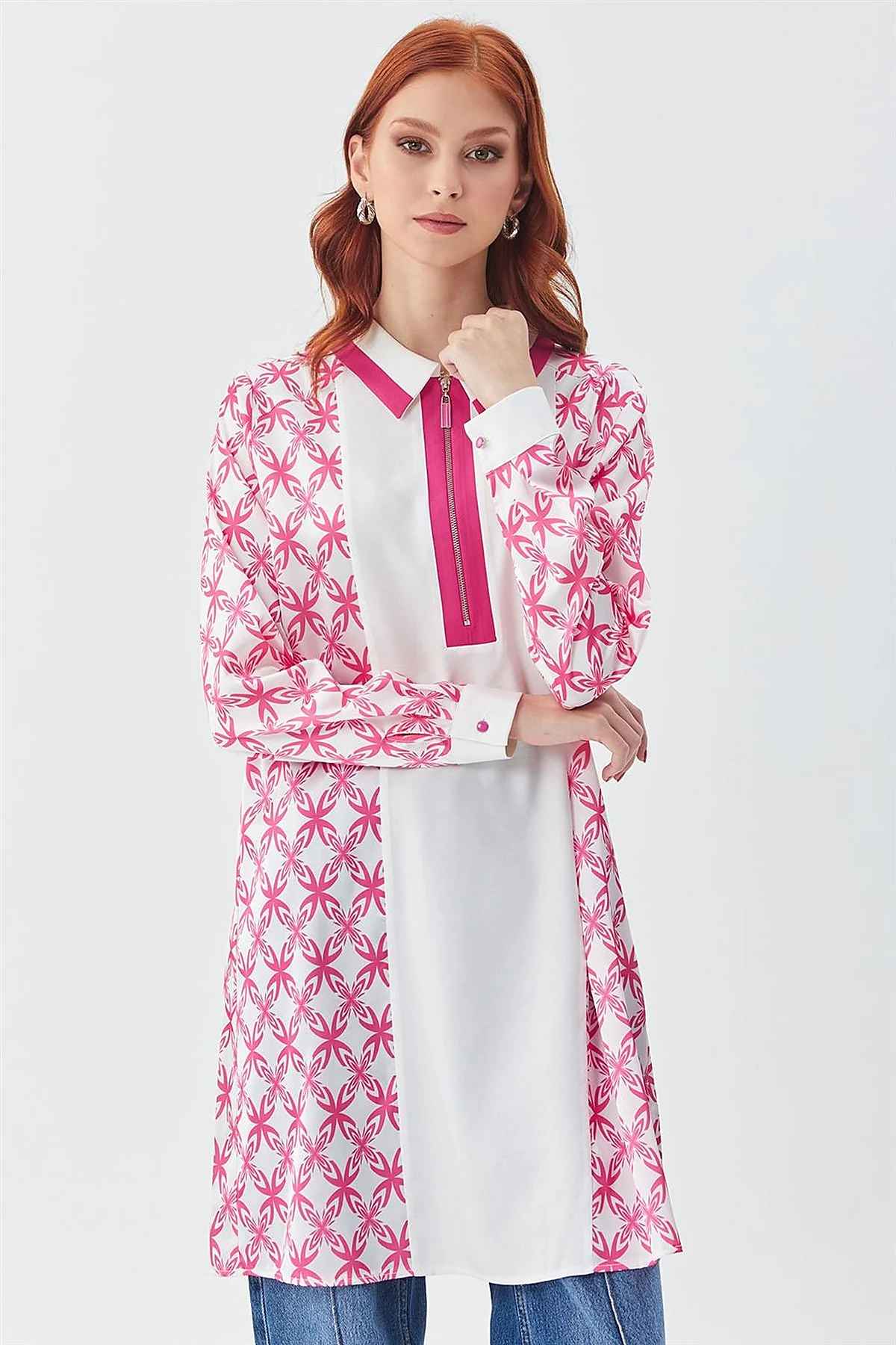Half-Zip Closure Patterned Tunic in Fuchsia