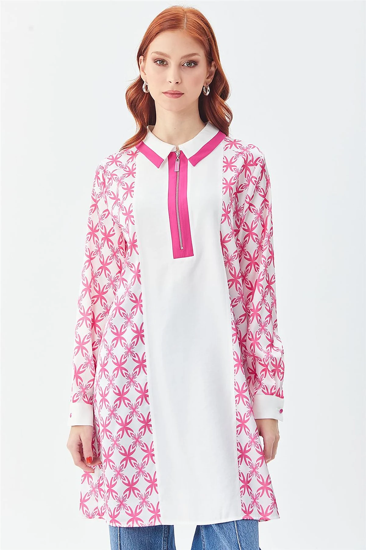 Half-Zip Closure Patterned Tunic in Fuchsia