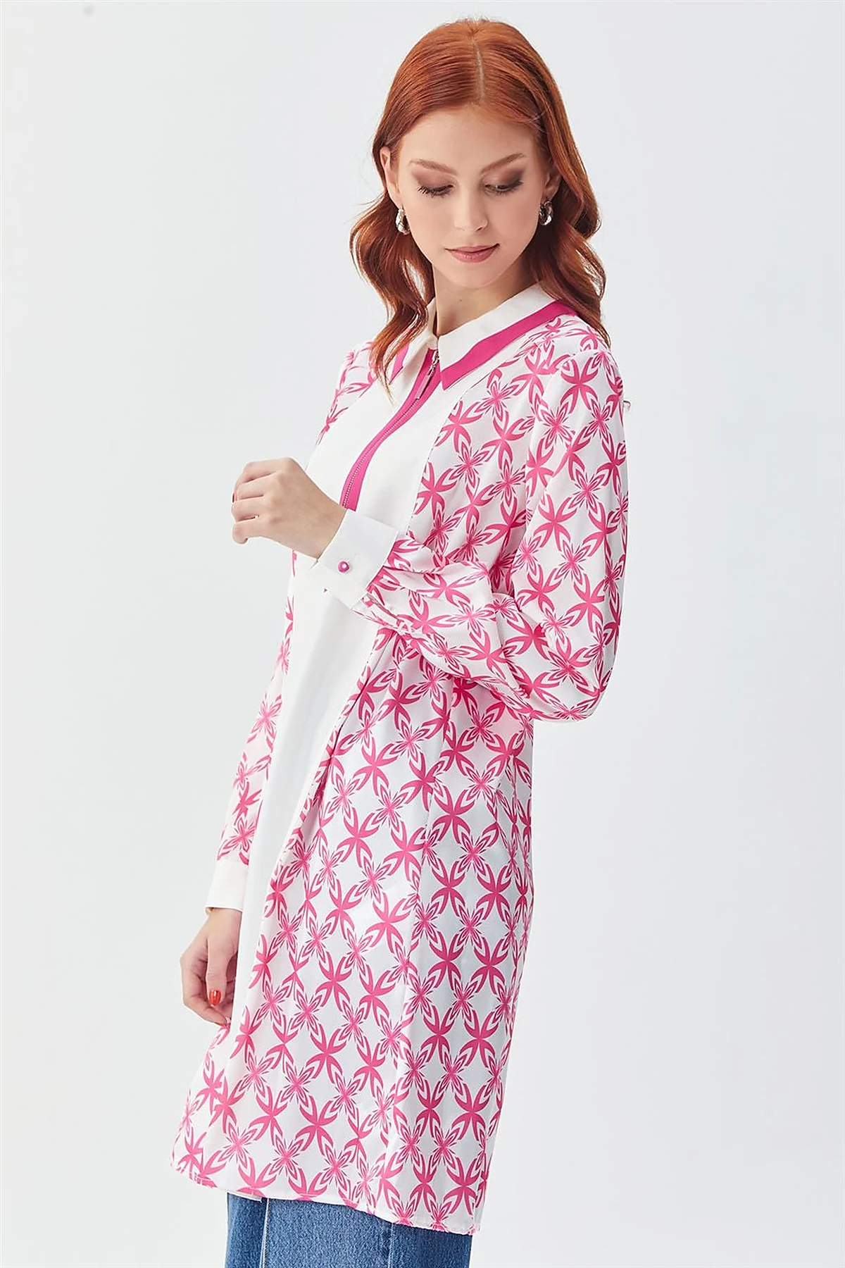 Half-Zip Closure Patterned Tunic in Fuchsia