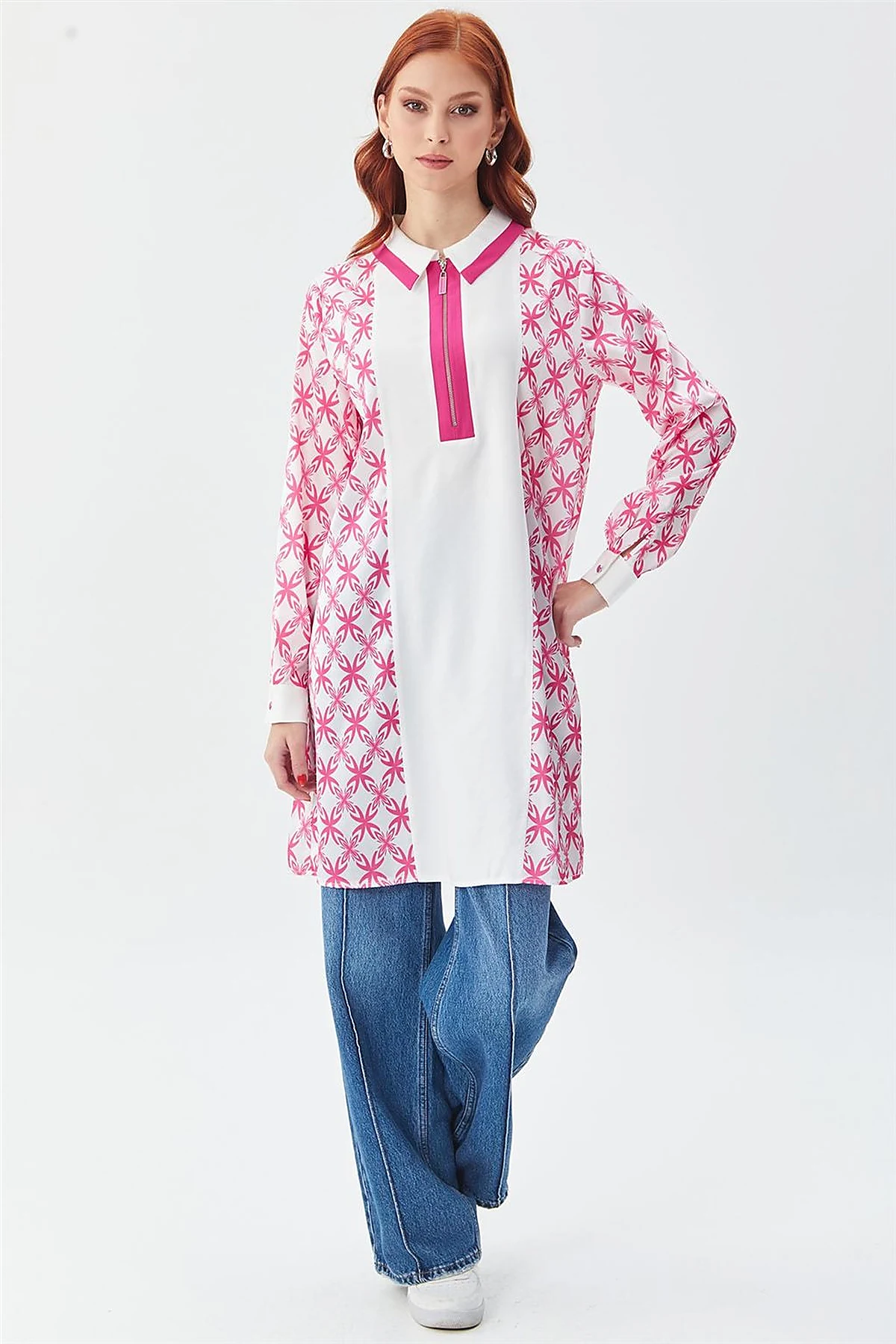 Half-Zip Closure Patterned Tunic in Fuchsia