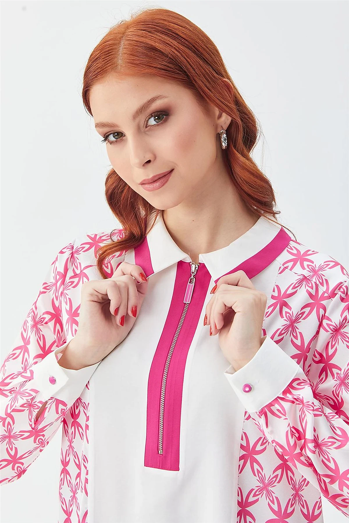 Half-Zip Closure Patterned Tunic in Fuchsia