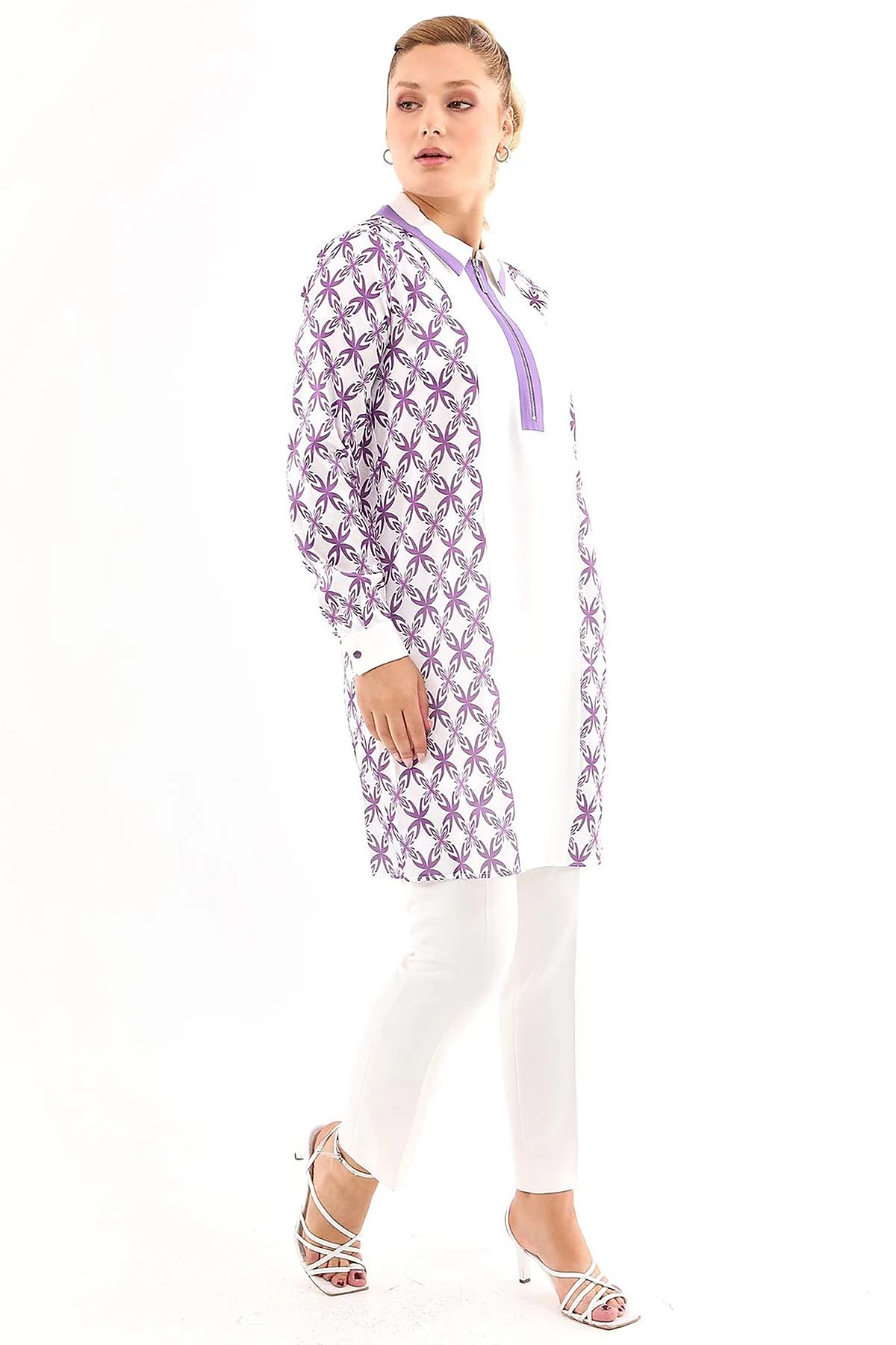 Half-Zip Closure Patterned Tunic in Purple