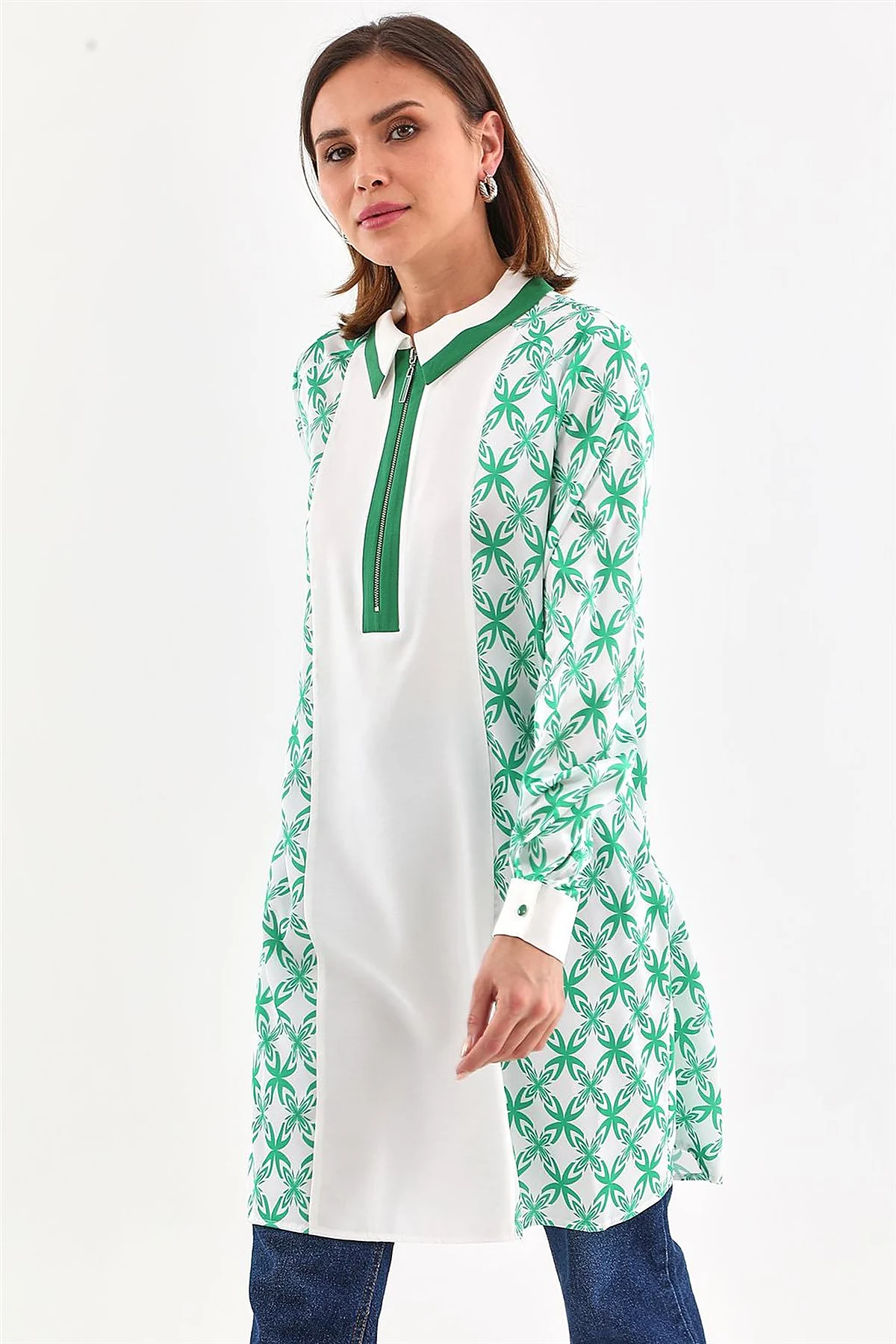 Half-Zip Closure Patterned Tunic in Green