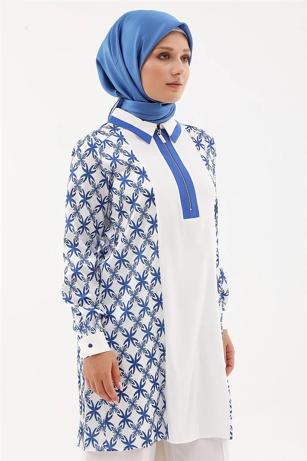 Half-Zip Closure Patterned Tunic in Sax Blue