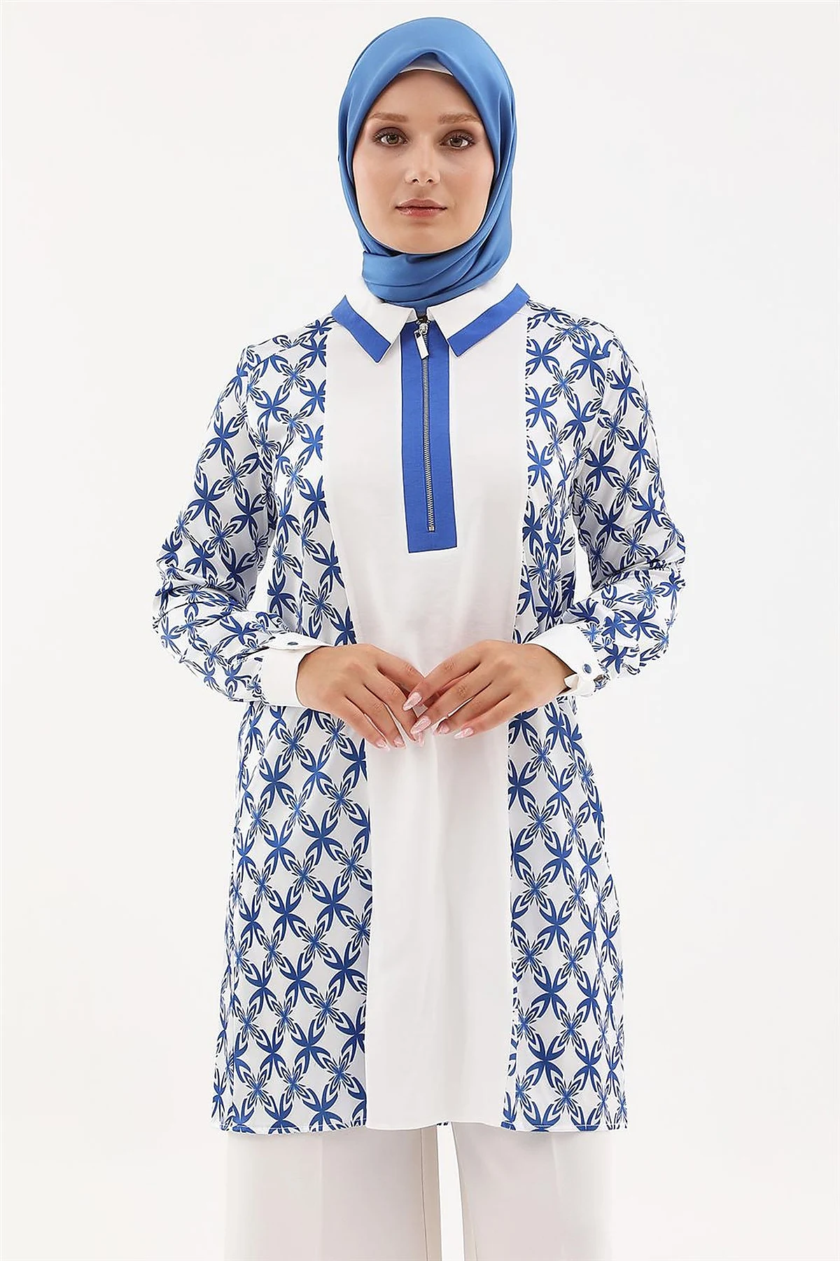 Half-Zip Closure Patterned Tunic in Sax Blue