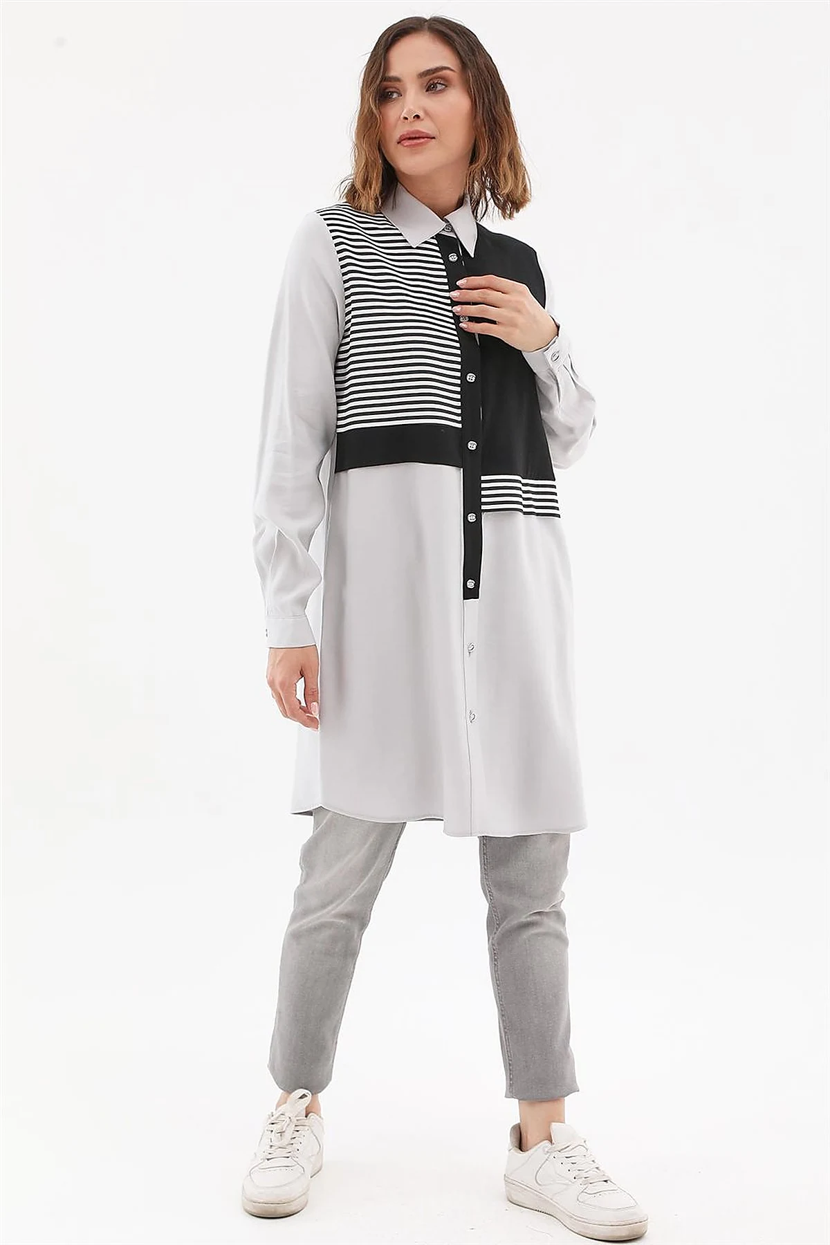 Çizgi Garnili Tunik Gri