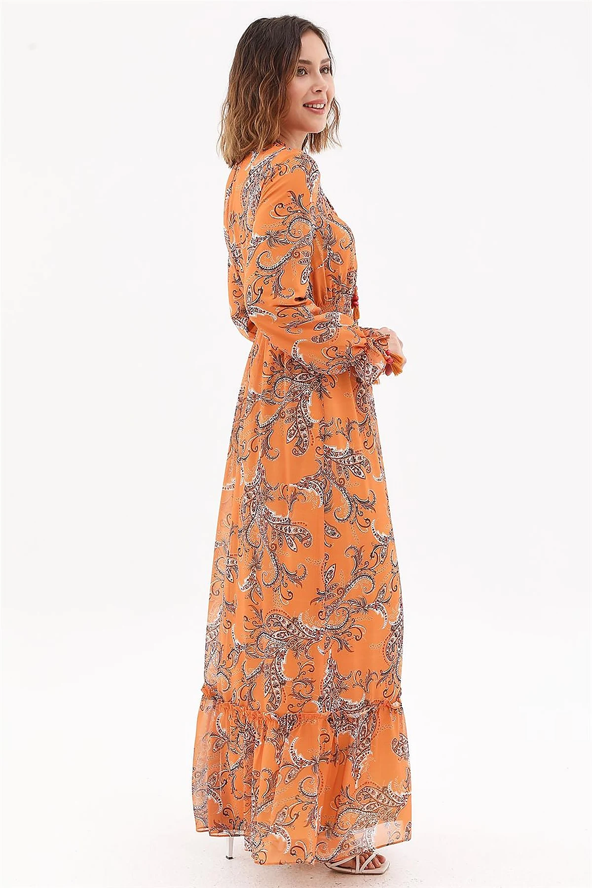 Ethnic Pattern Chiffon Dress Orange