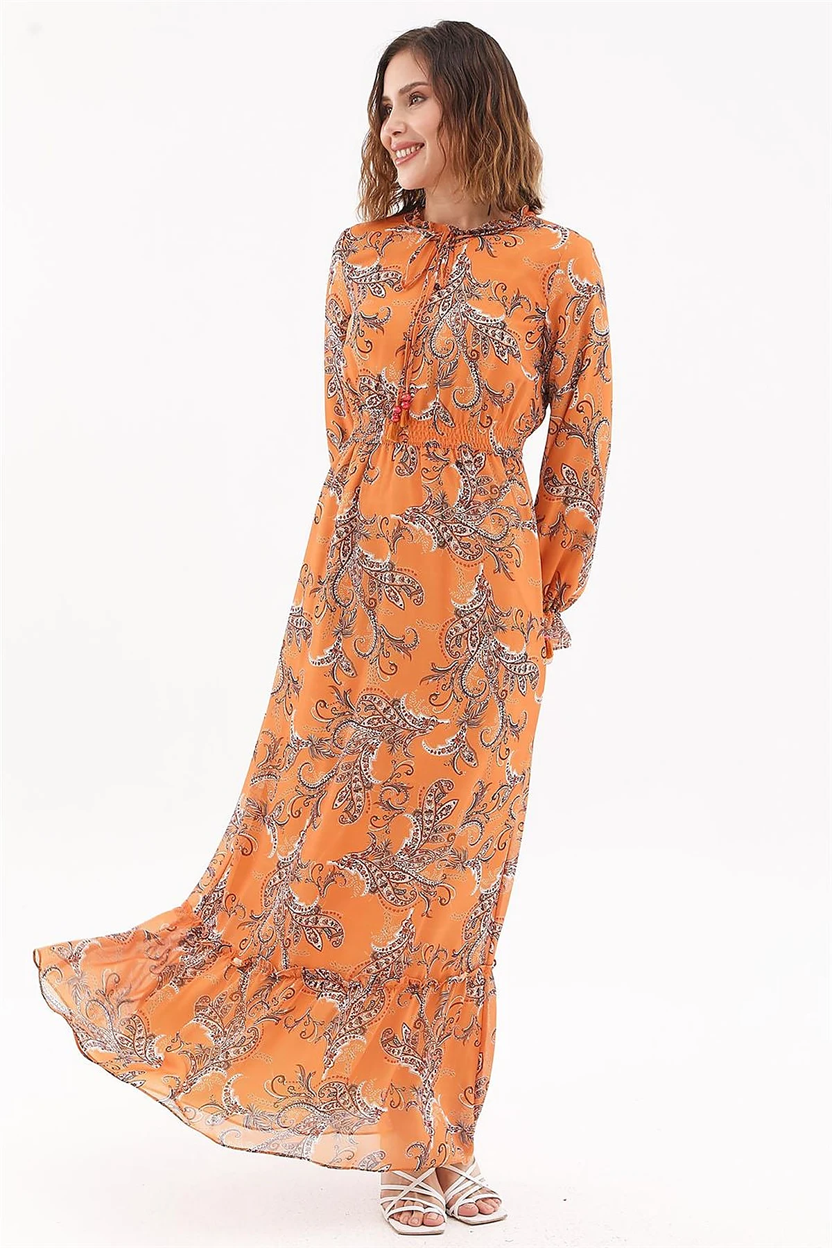 Ethnic Pattern Chiffon Dress Orange
