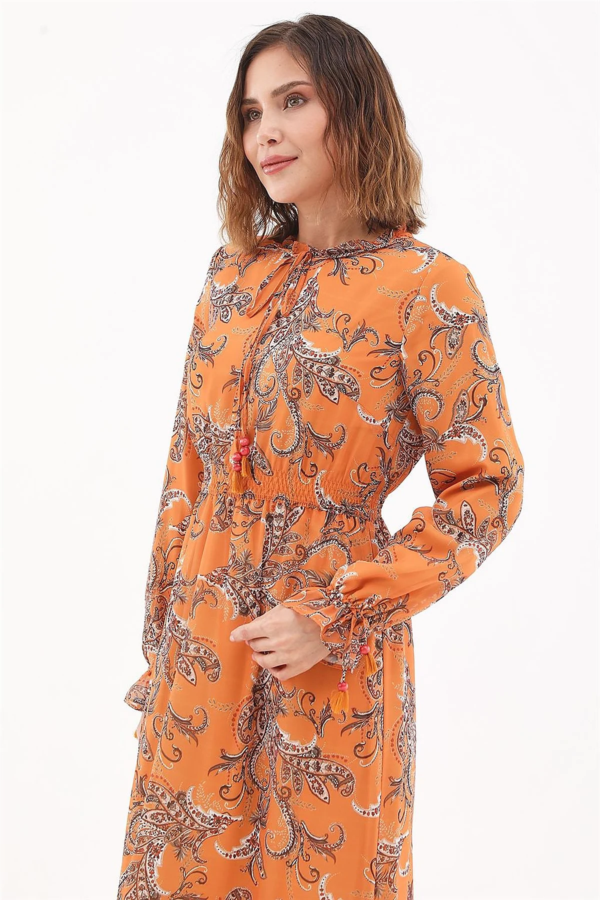 Ethnic Pattern Chiffon Dress Orange