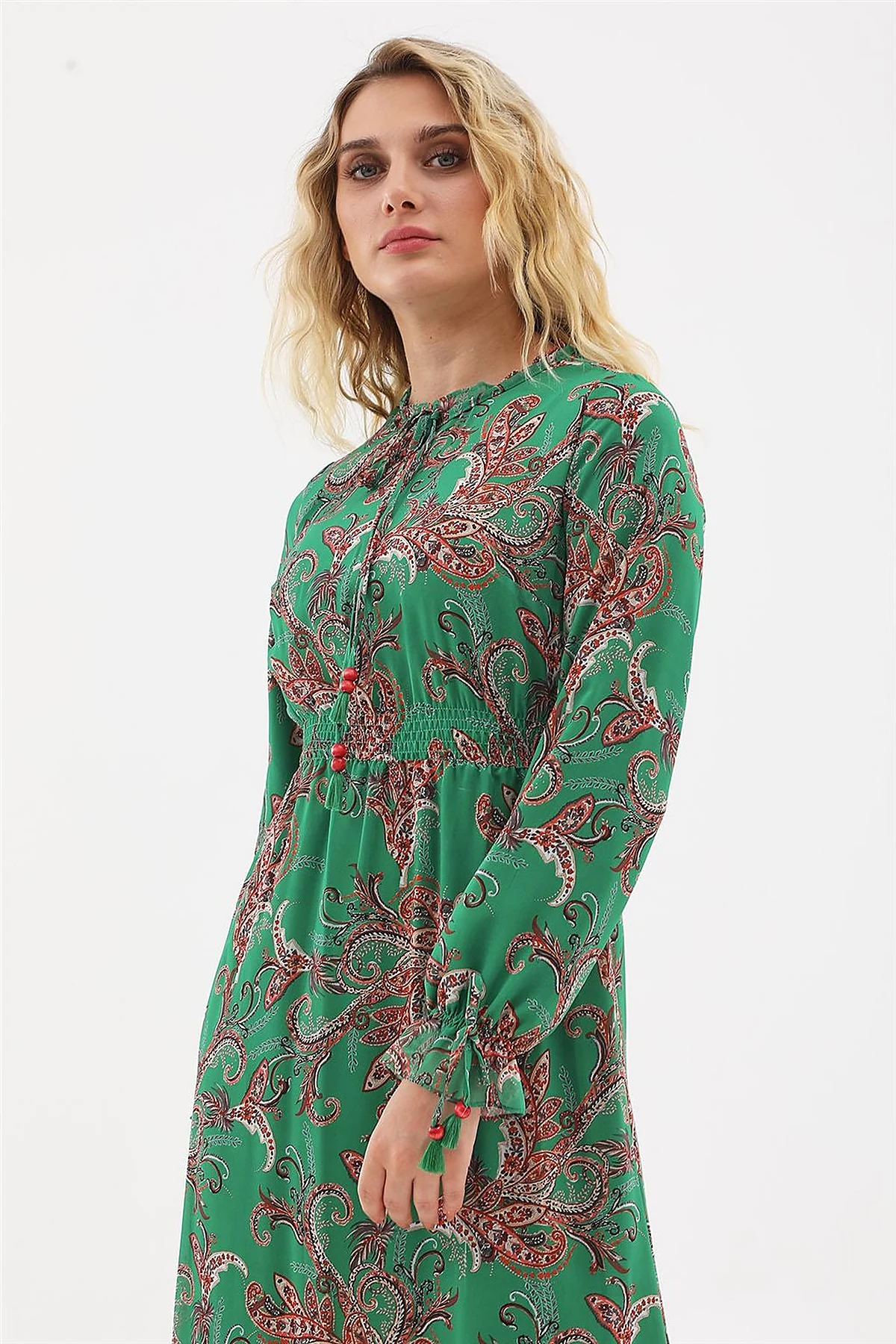 Ethnic Pattern Chiffon Dress Green