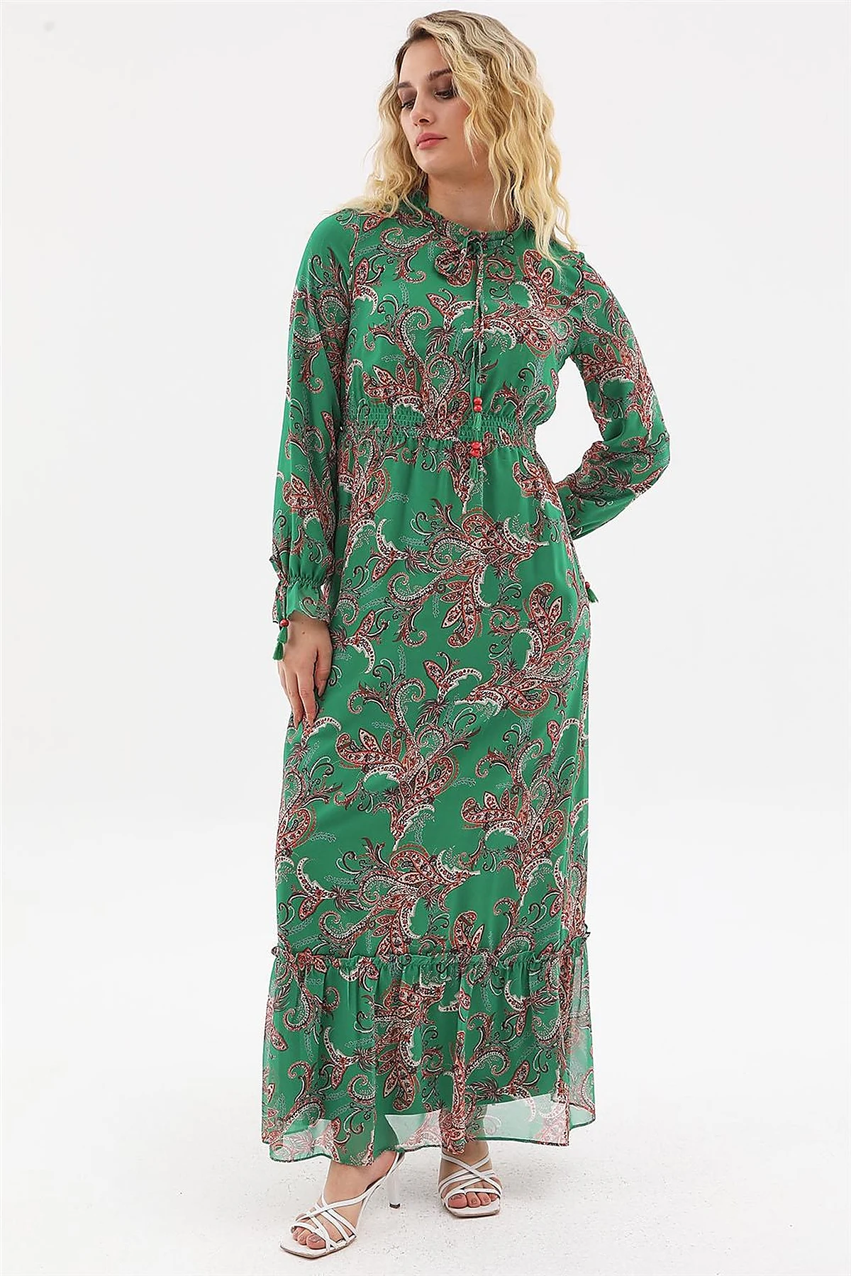 Ethnic Pattern Chiffon Dress Green