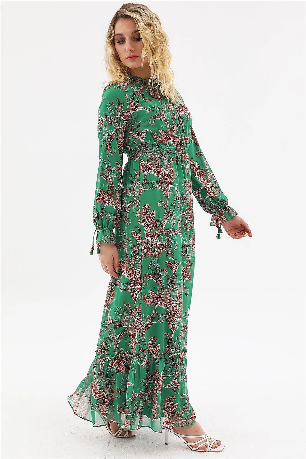 Ethnic Pattern Chiffon Dress Green