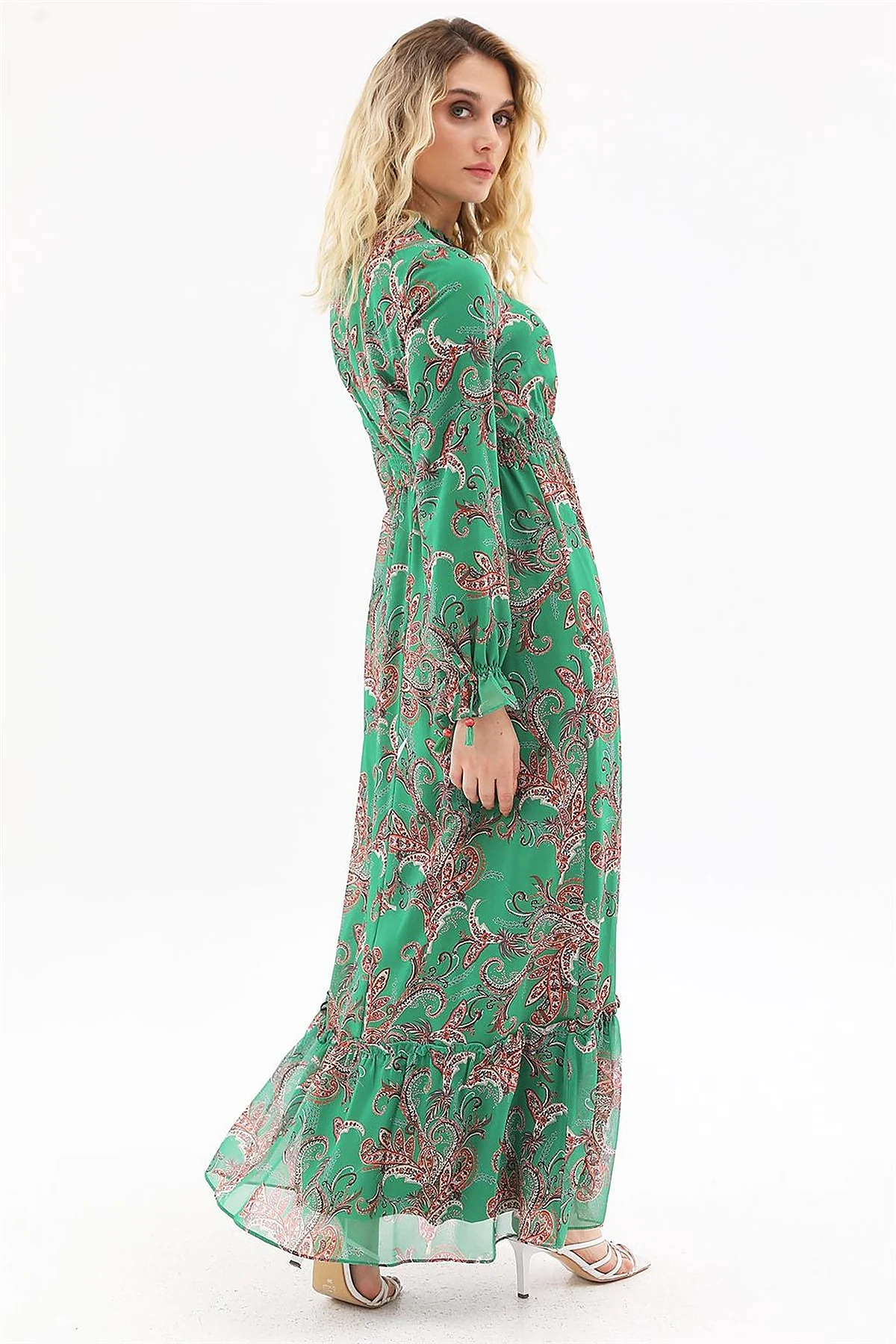 Ethnic Pattern Chiffon Dress Green