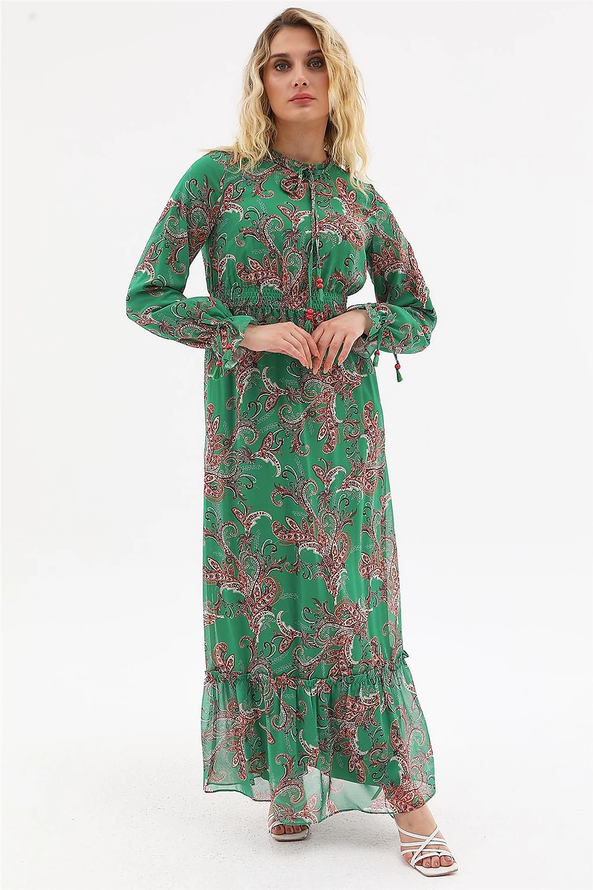 Ethnic Pattern Chiffon Dress Green