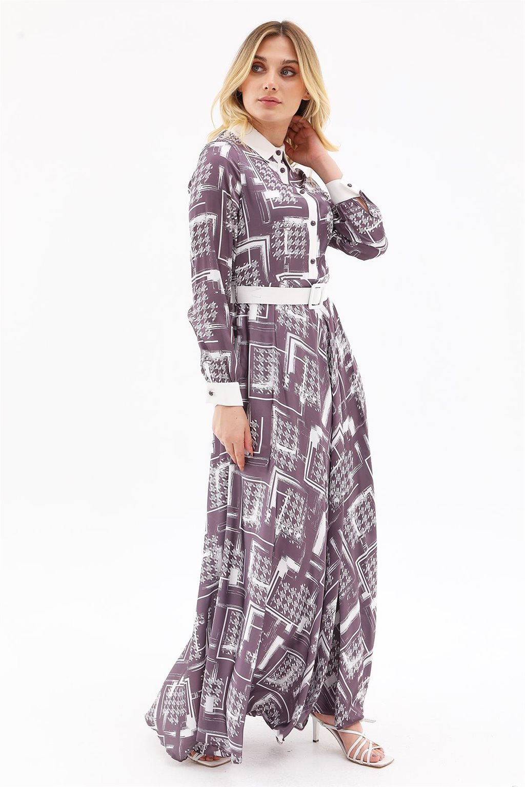 Abstract Pattern Belted Maxi Dress Plum