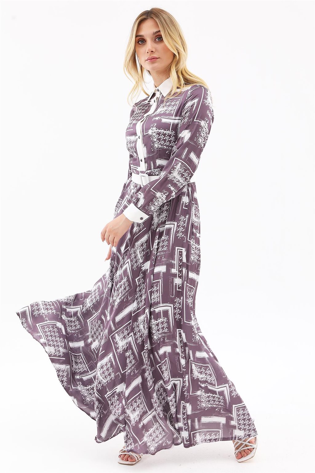 Abstract Pattern Belted Maxi Dress Plum