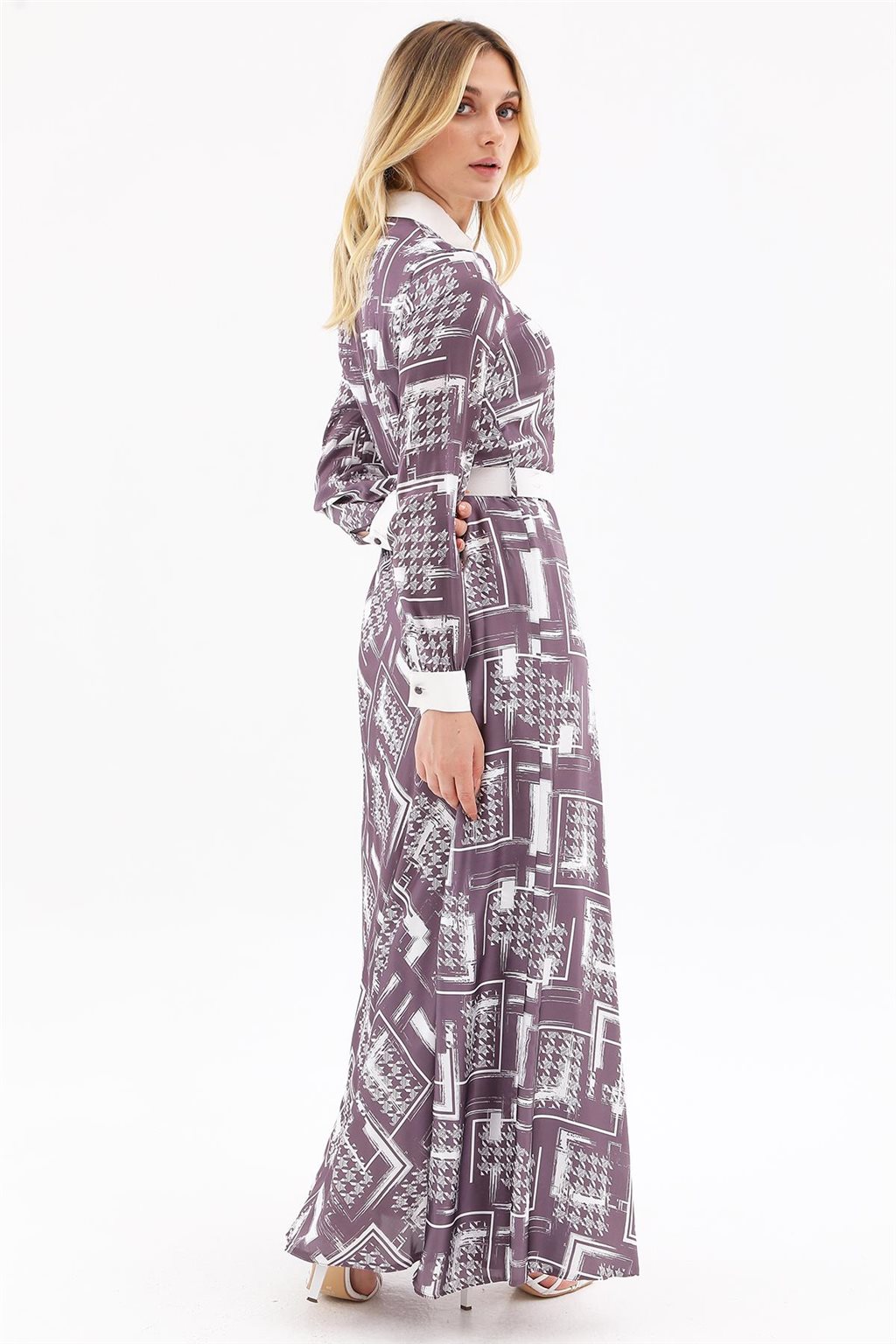 Abstract Pattern Belted Maxi Dress Plum