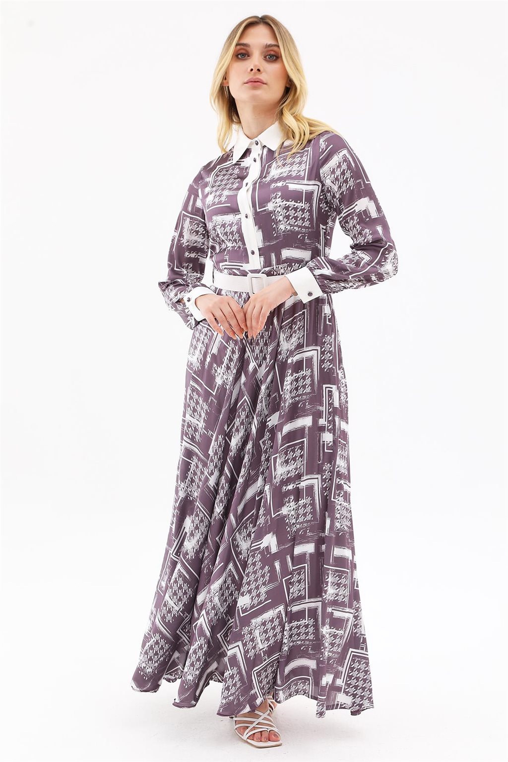 Abstract Pattern Belted Maxi Dress Plum