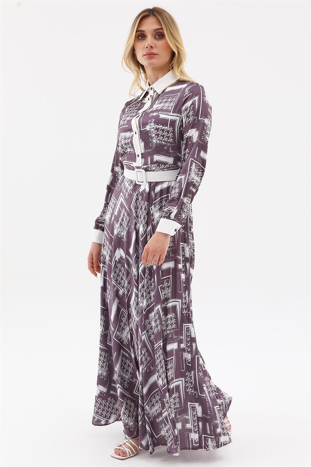 Abstract Pattern Belted Maxi Dress Plum