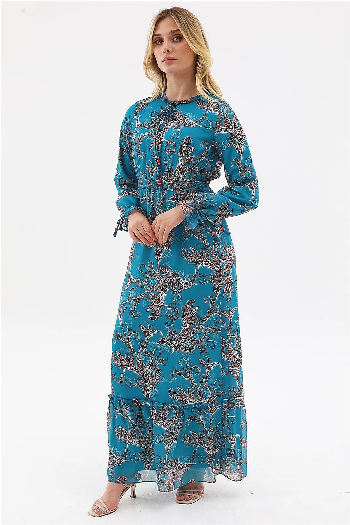 Ethnic Pattern Chiffon Dress Petrol