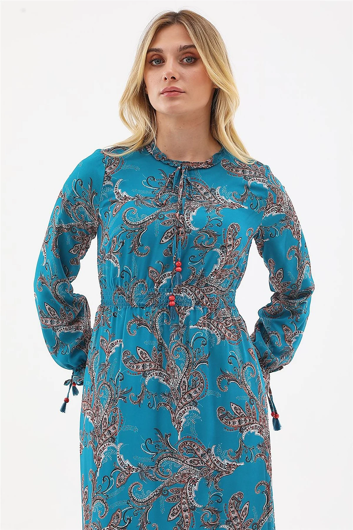 Ethnic Pattern Chiffon Dress Petrol