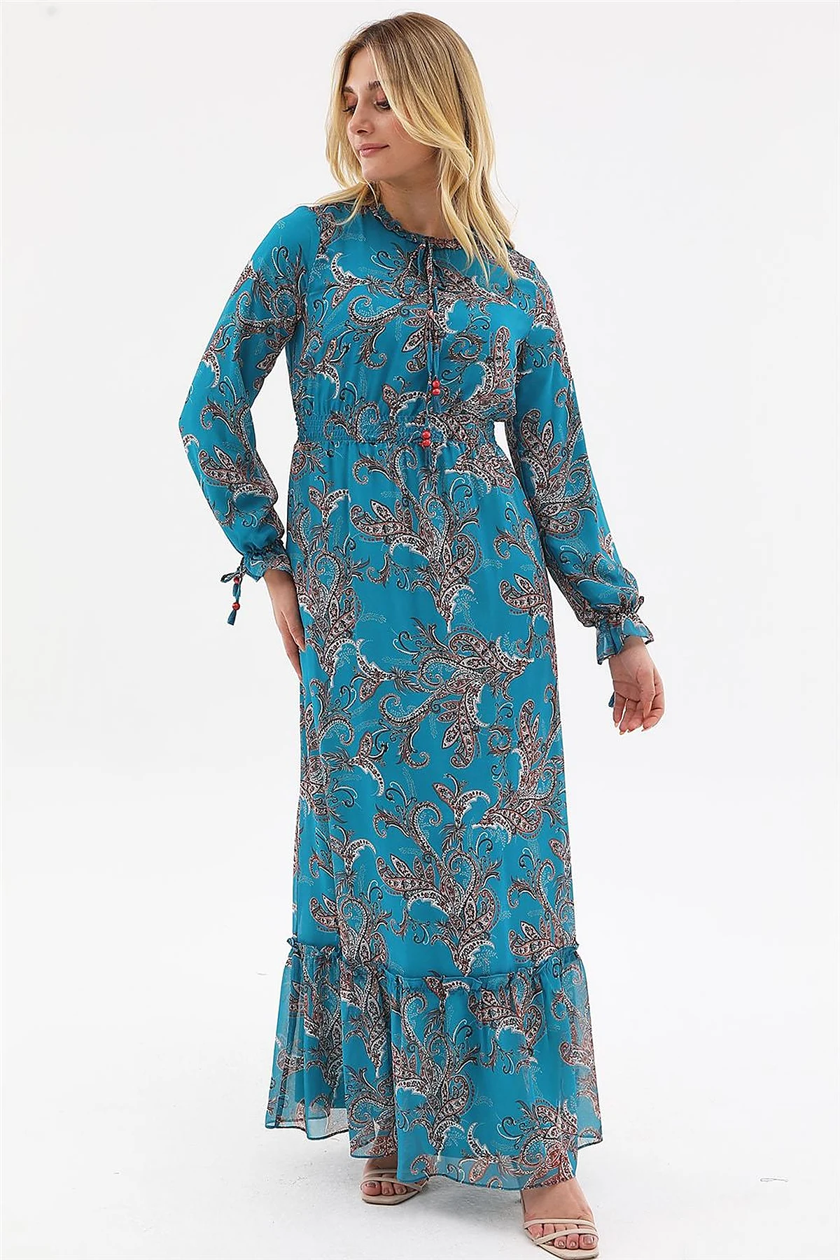 Ethnic Pattern Chiffon Dress Petrol