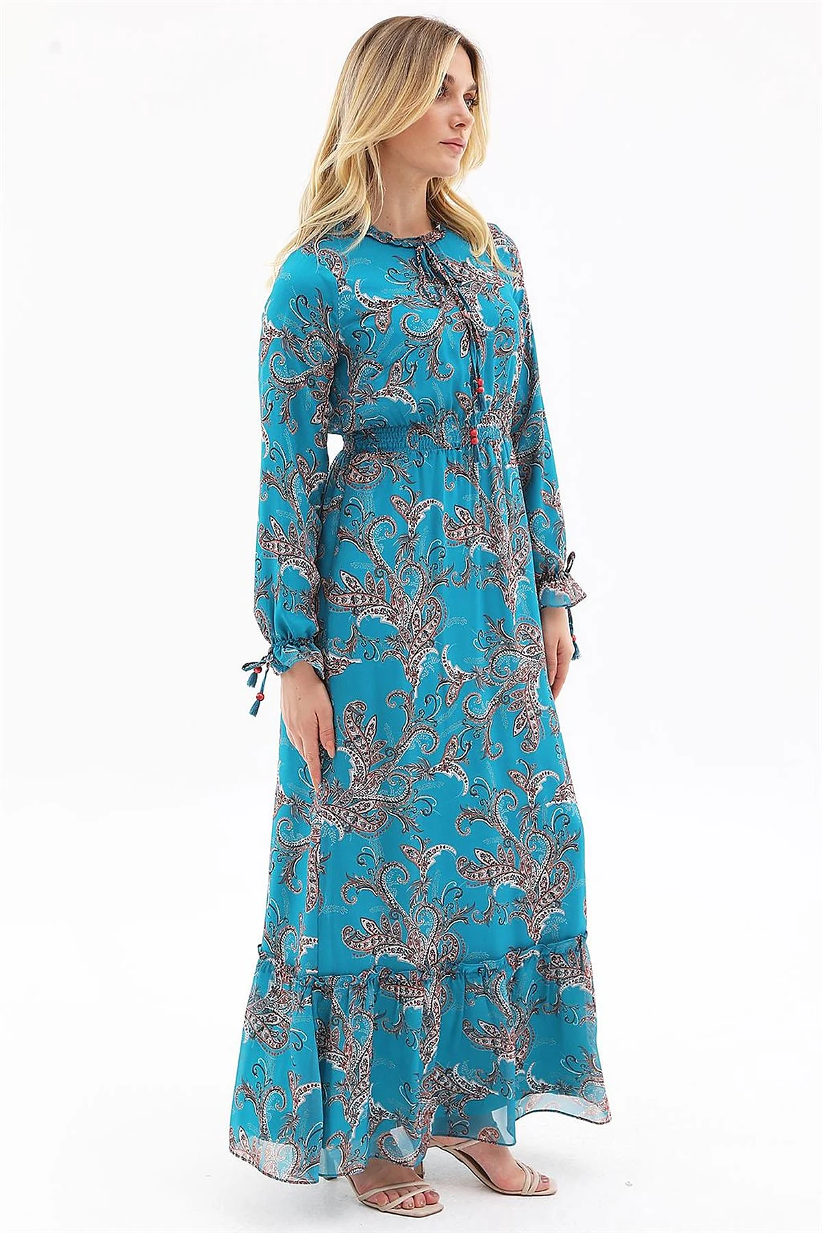 Ethnic Pattern Chiffon Dress Petrol
