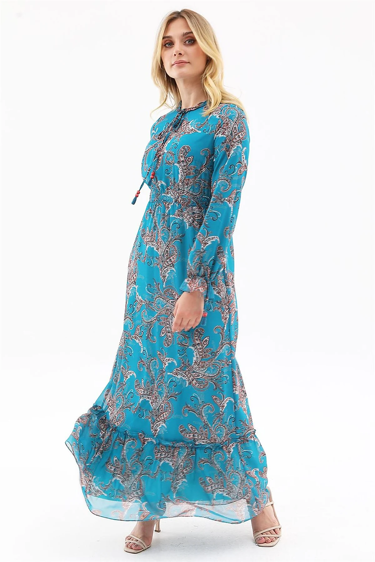 Ethnic Pattern Chiffon Dress Petrol