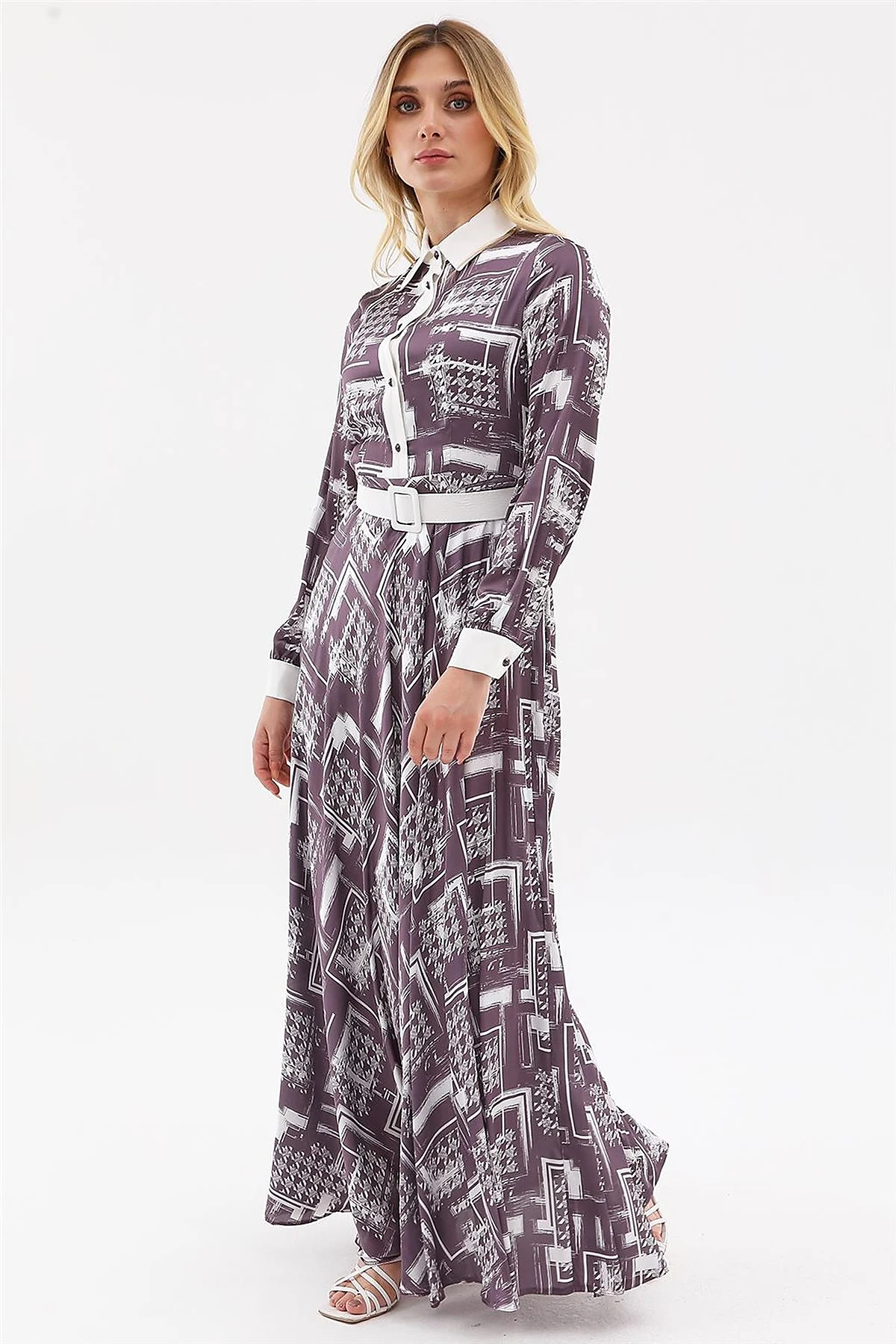 Abstract Pattern Belted Maxi Dress Plum