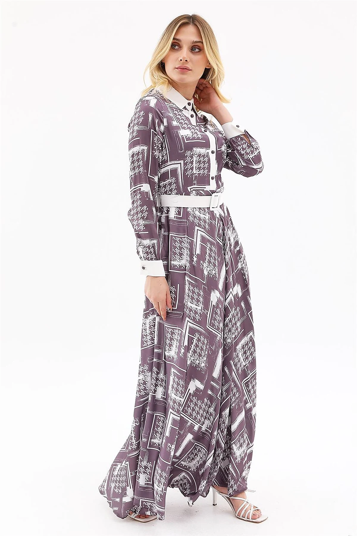 Abstract Pattern Belted Maxi Dress Plum