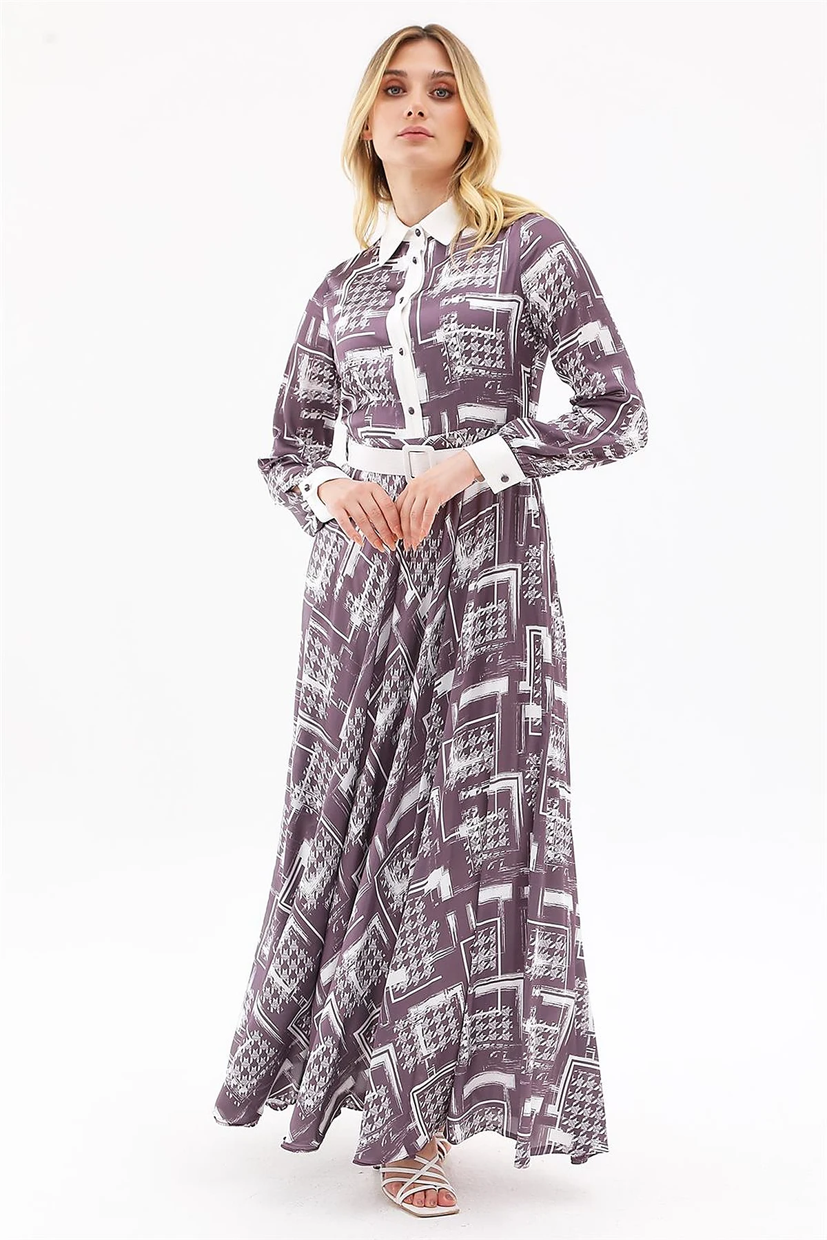Abstract Pattern Belted Maxi Dress Plum