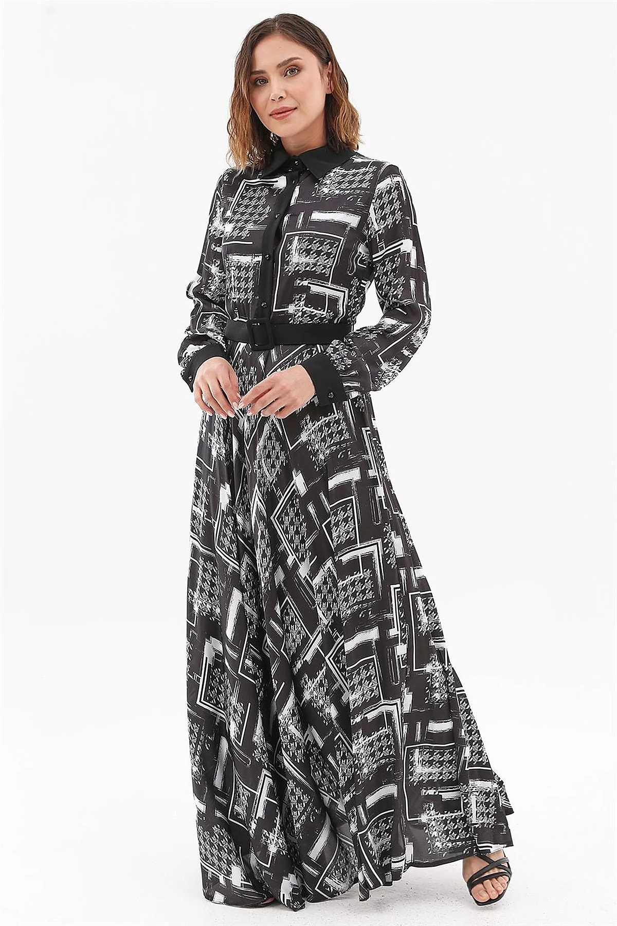Abstract Pattern Belted Maxi Dress Black