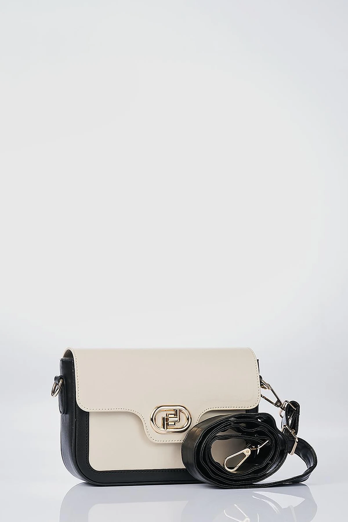 Metal Accented Baguette Bag Black-Cream