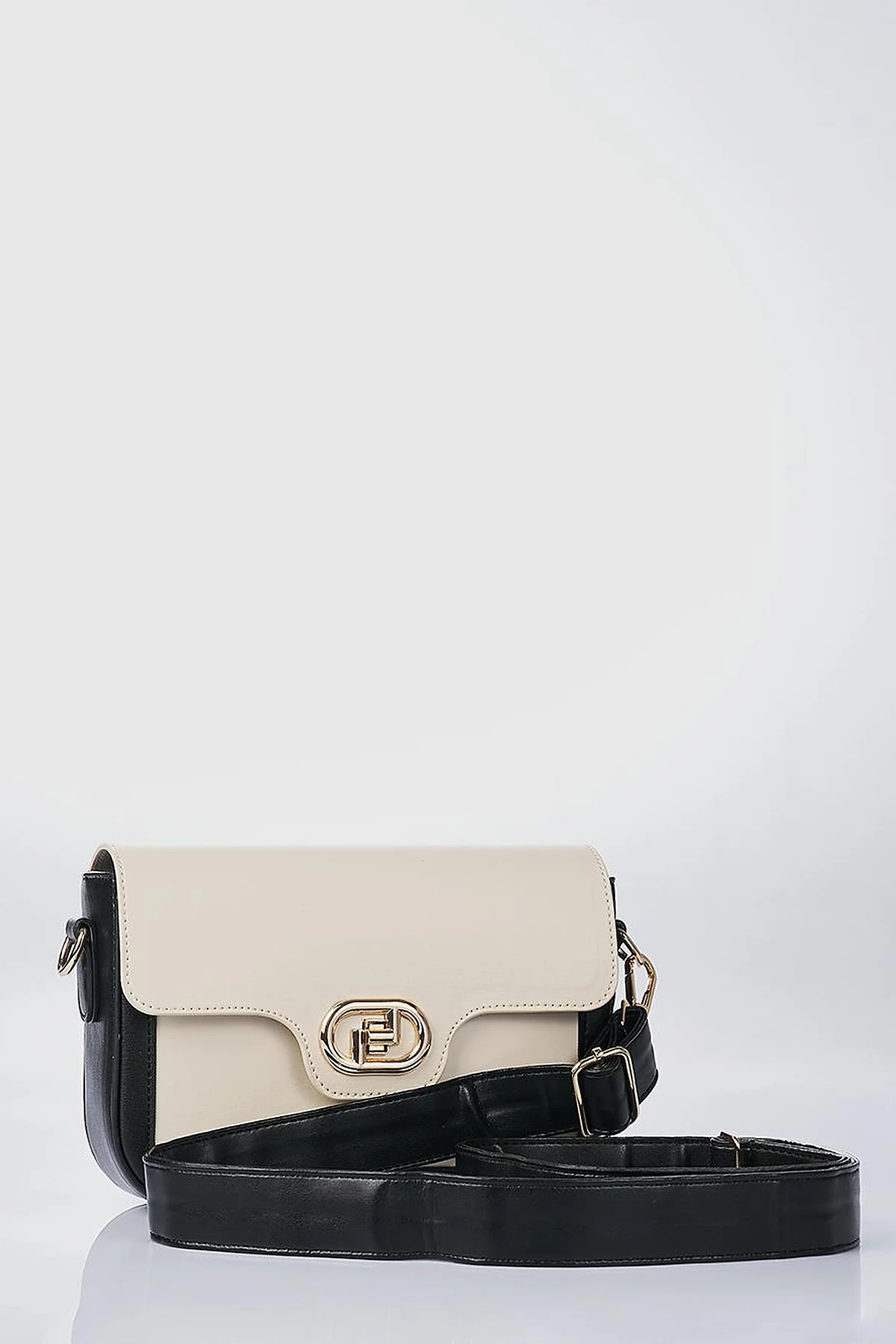 Metal Accented Baguette Bag Black-Cream