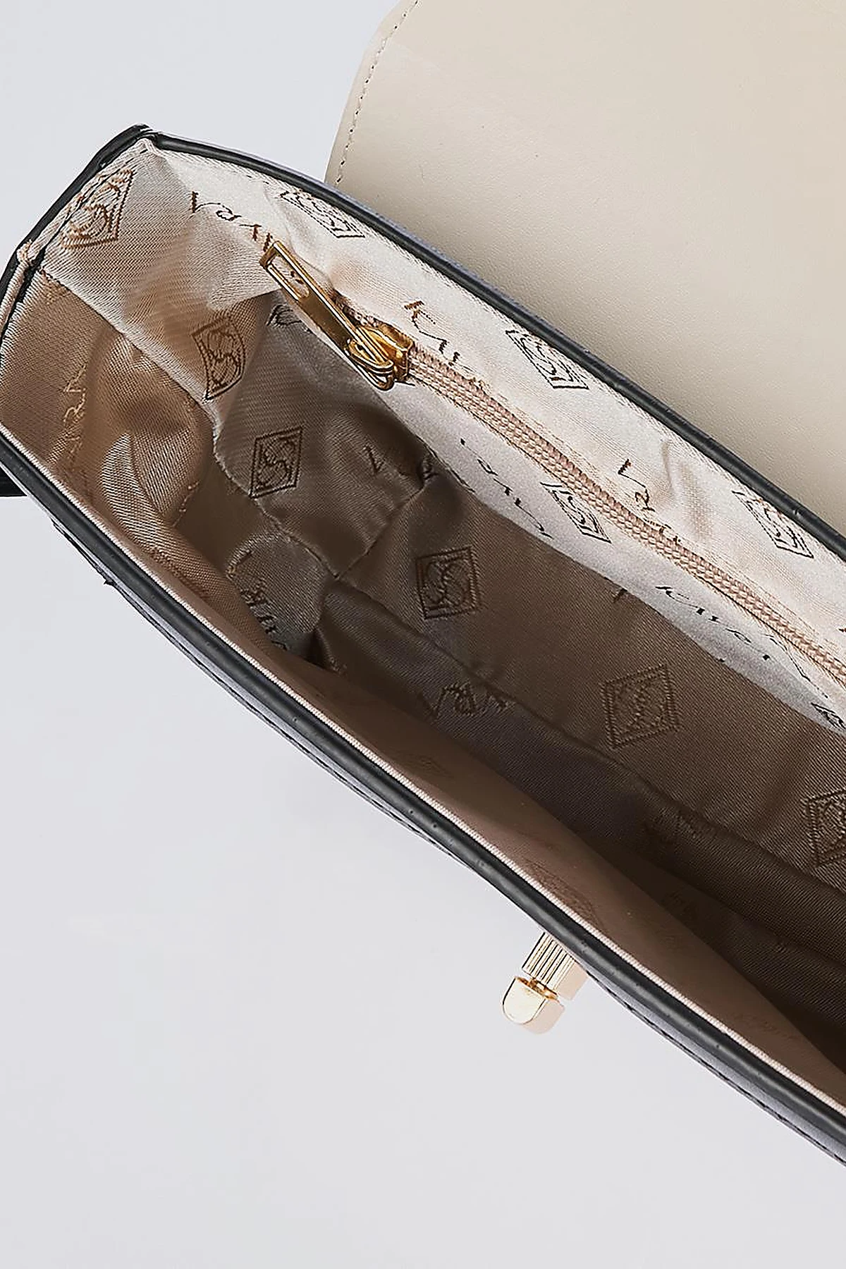 Metal Accented Baguette Bag Black-Cream