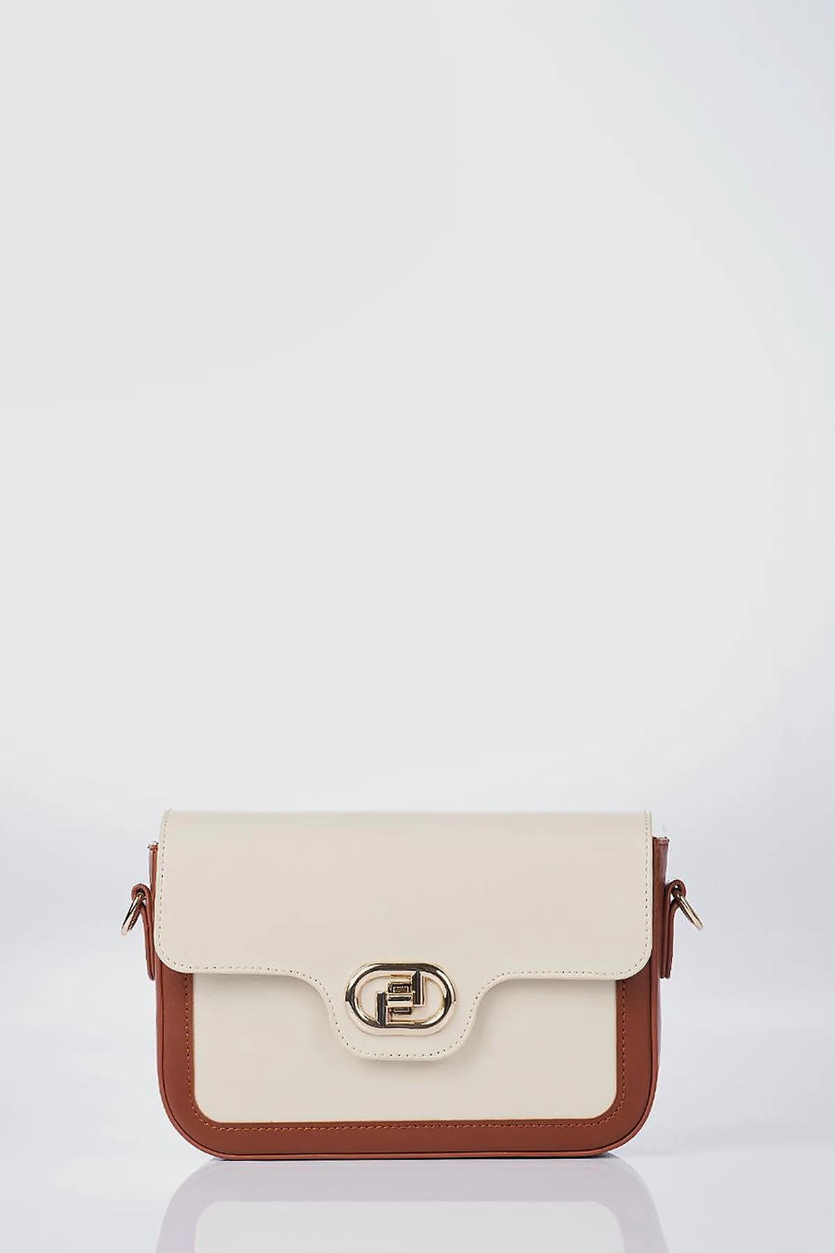 Metal Accented Baguette Bag Tan-Cream