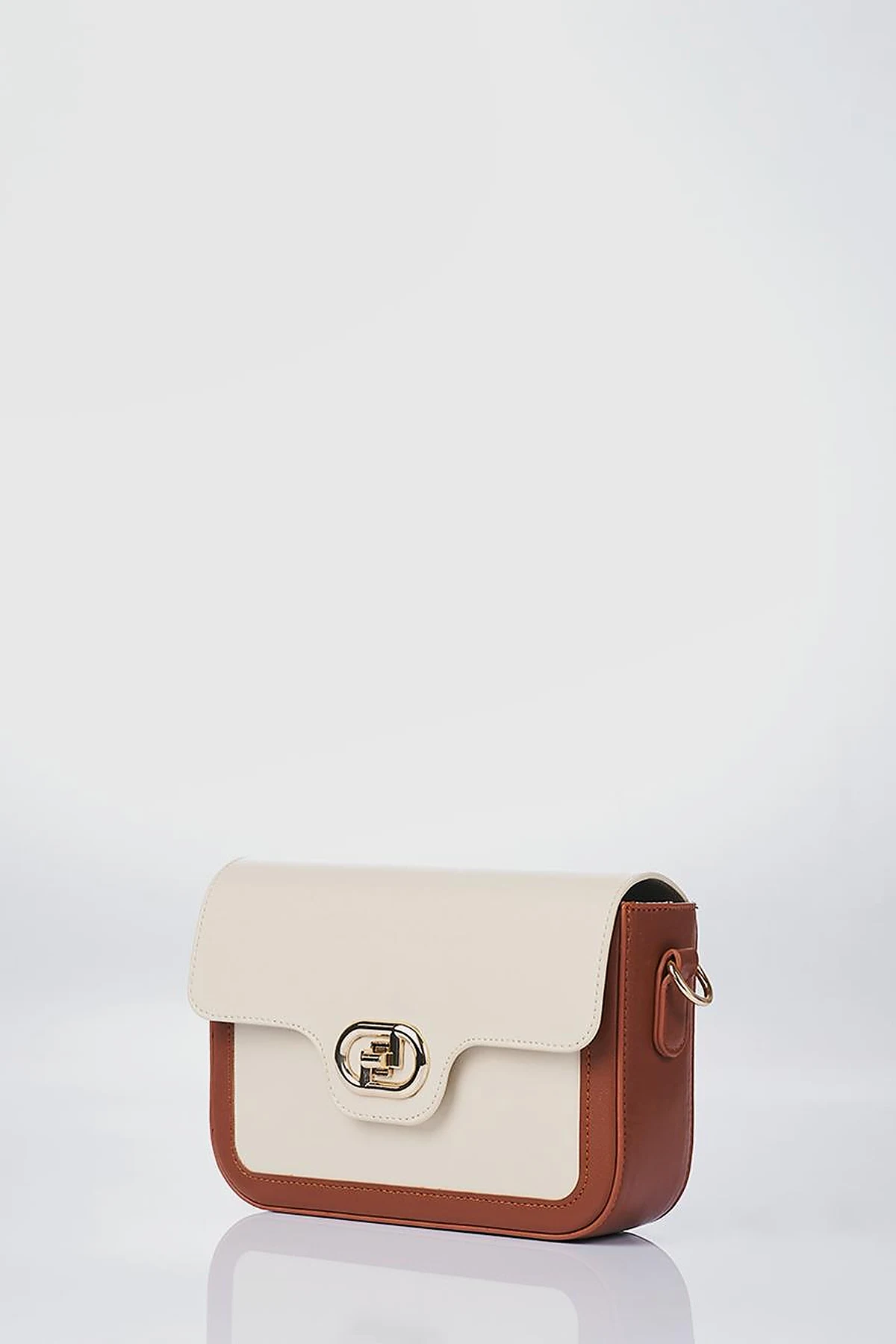 Metal Accented Baguette Bag Tan-Cream